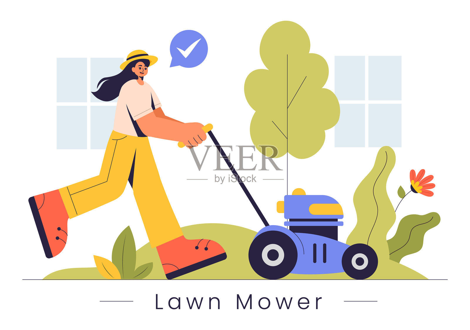 夏季园艺平面风格卡通背景中的割草机矢量插图，展示了草坪修剪和护理。插画图片素材