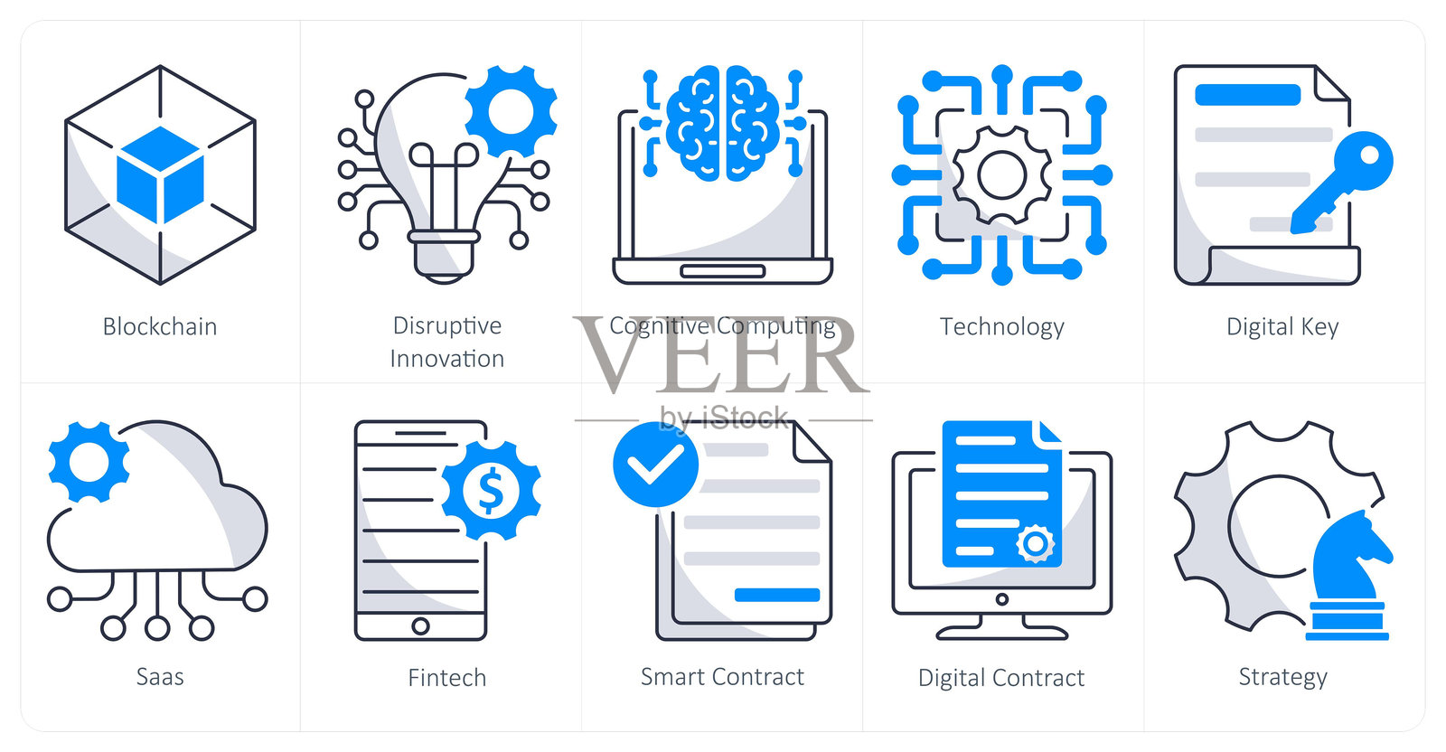 一组10个区块链图标，包含区块链、颠覆性创新、认知计算插画图片素材