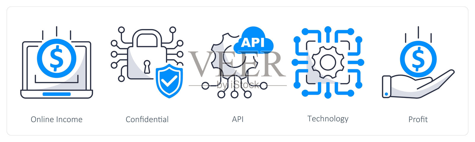 一组5个区块链图标，代表在线收入、保密和API插画图片素材