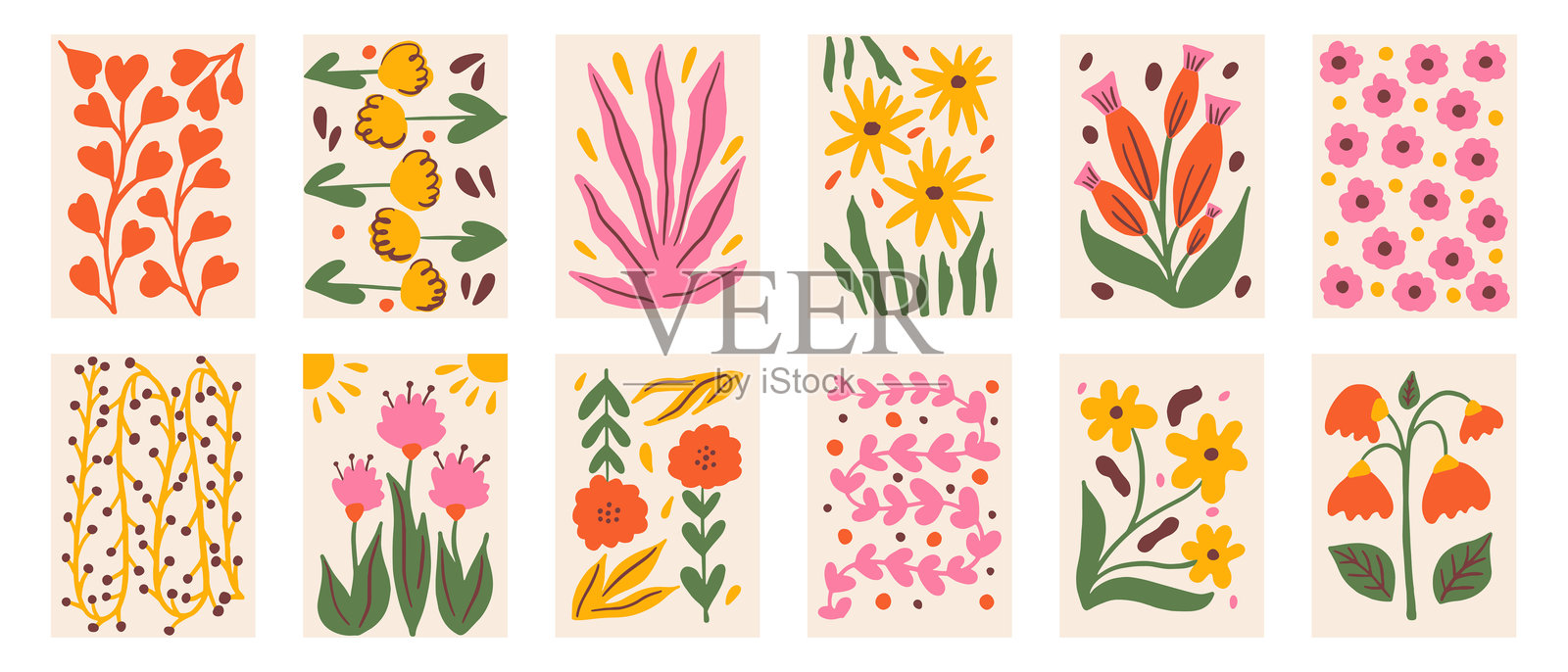 现代时尚的彩色极简风格花卉抽象植物组合。适用于印刷、壁纸、卡片和邀请函、海报的矢量设计。插画图片素材