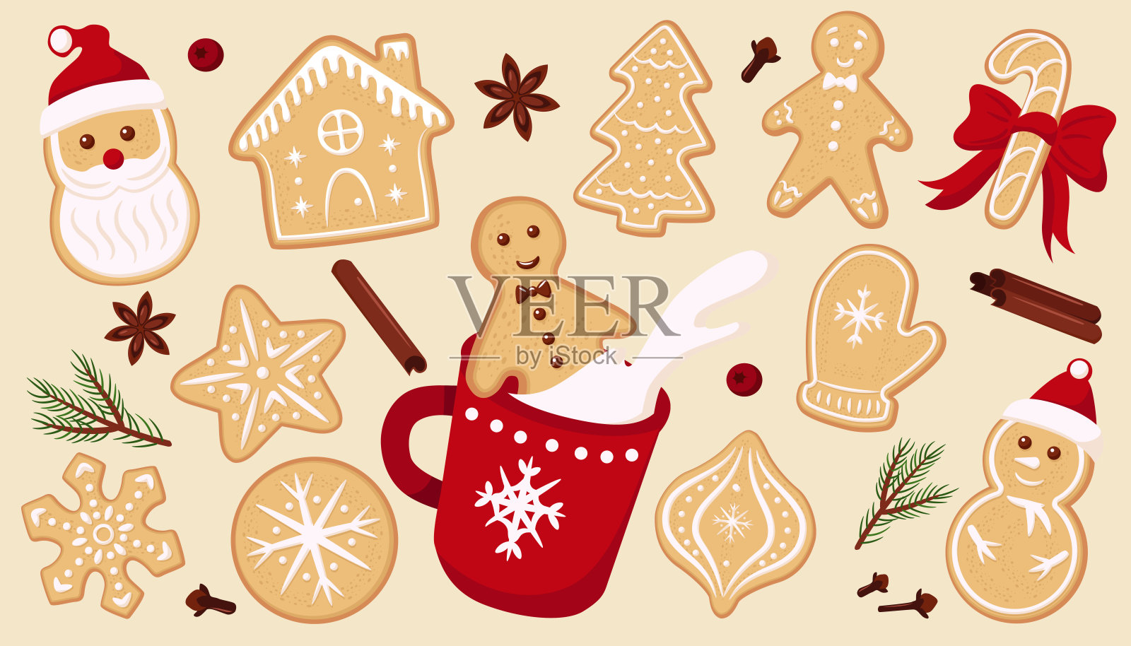 圣诞装饰品套装。各种姜饼饼干的集合。可爱的装饰圣诞饼干插图：圣诞老人、星星、雪人、圣诞树、雪花、手套、房子、雪花、糖果。插画图片素材