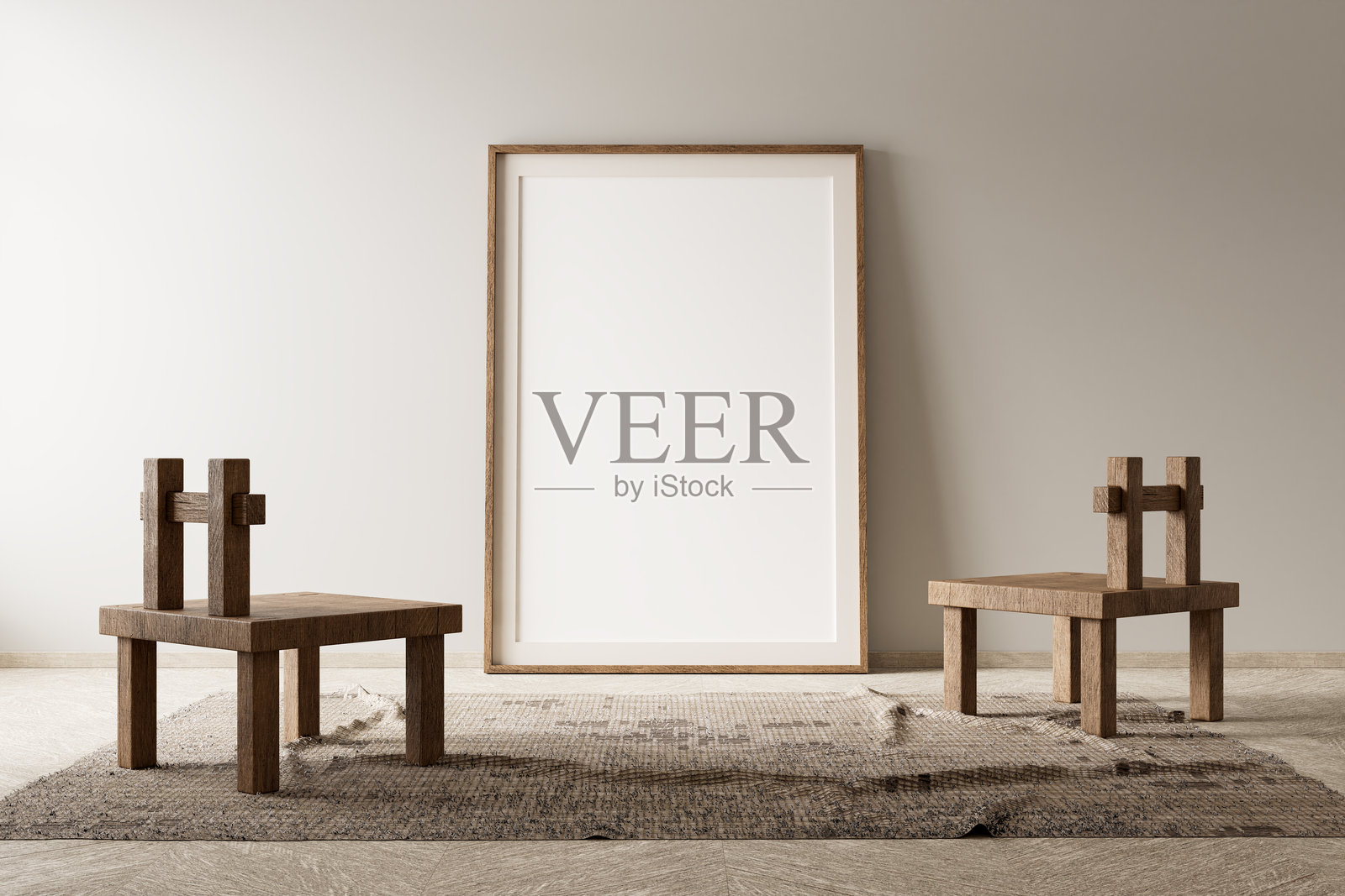 波西米亚风格装饰的客厅中展示的海报框架模型。现代、真实的客厅室内设计，配有木质家具。3D插图。照片摄影图片