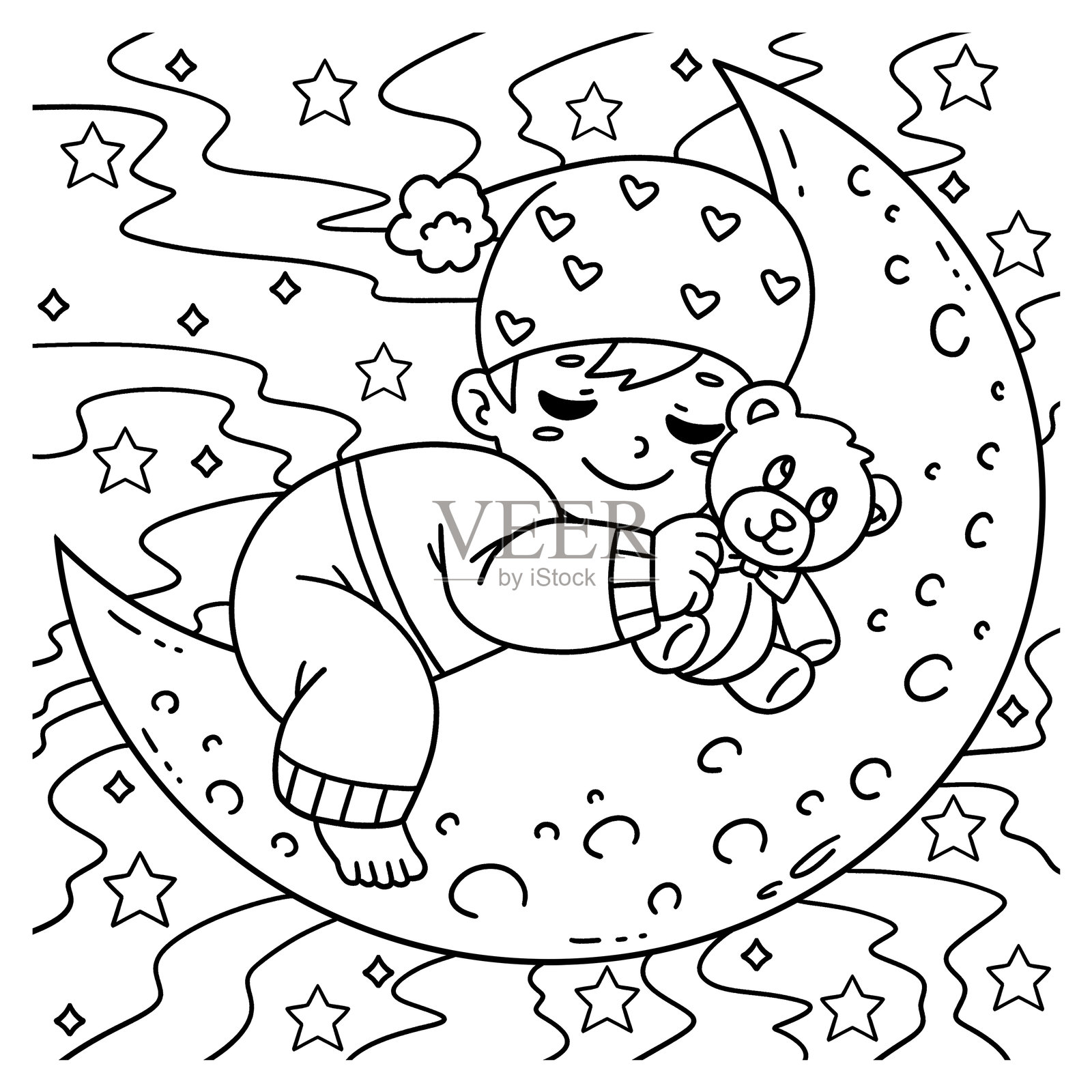 婴儿洗礼：婴儿在月亮上睡觉的涂色画插画图片素材