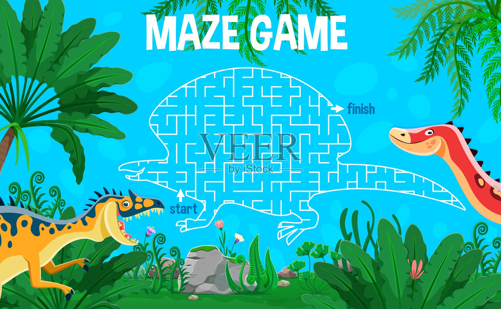 儿童迷宫游戏与卡通恐龙插画图片素材