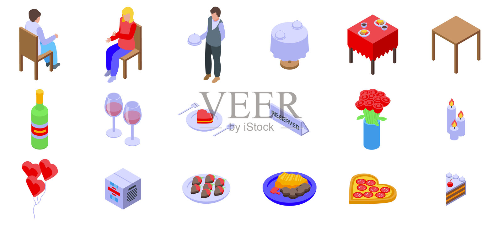 餐厅桌子图标集等距矢量图。浪漫约会。插画图片素材