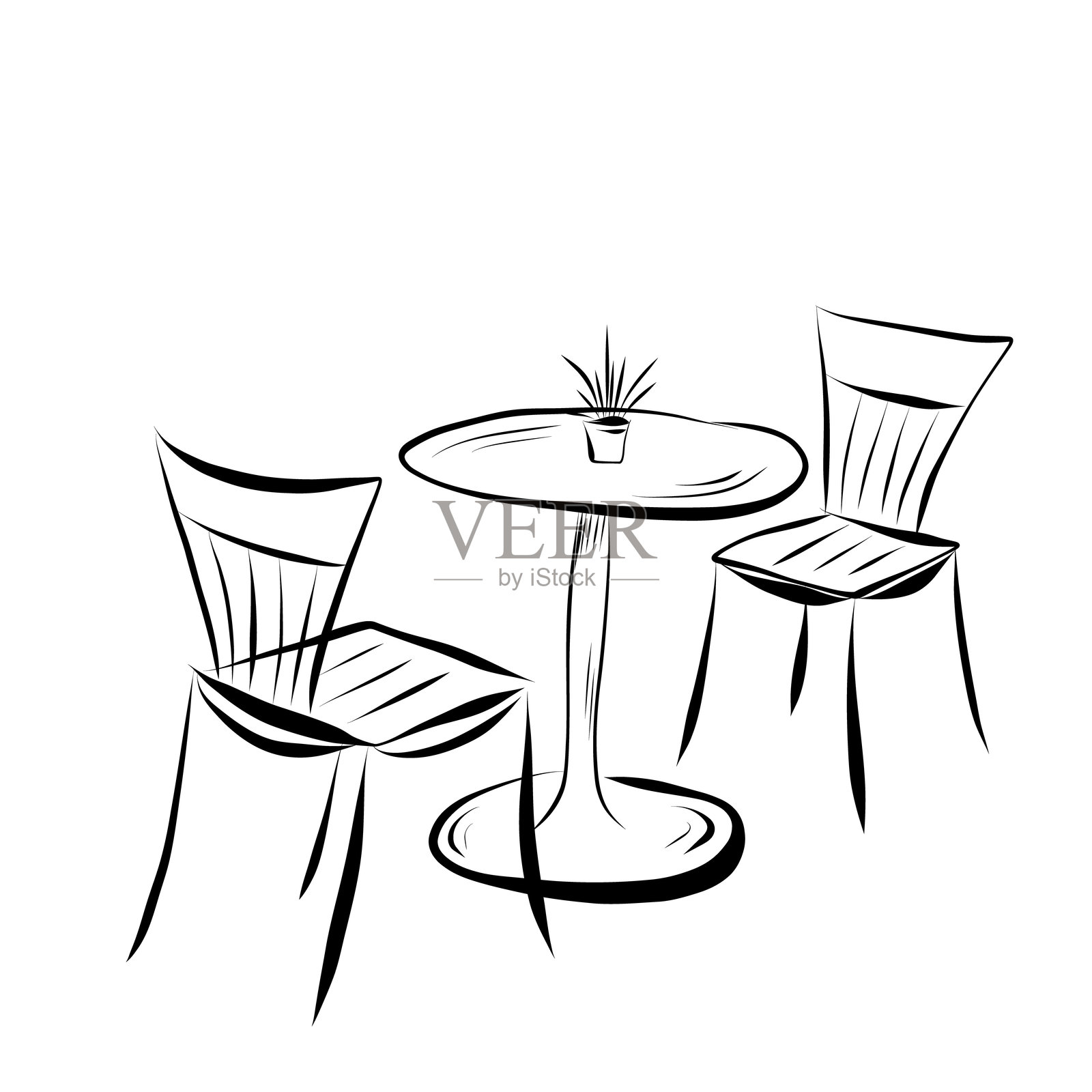 线条画。咖啡店外部的桌子和椅子艺术线条。插画图片素材