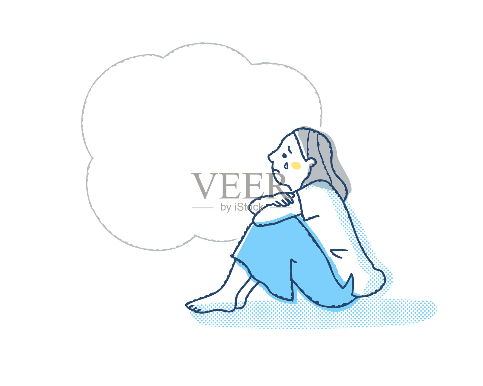一个抱膝而坐的哭泣女人和一个对话气泡插画图片素材