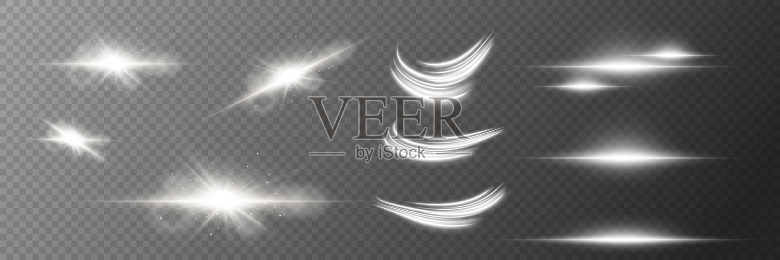 一组白色特效，快速移动的激光束魔法。光线的线条，星星的闪烁。插画图片素材