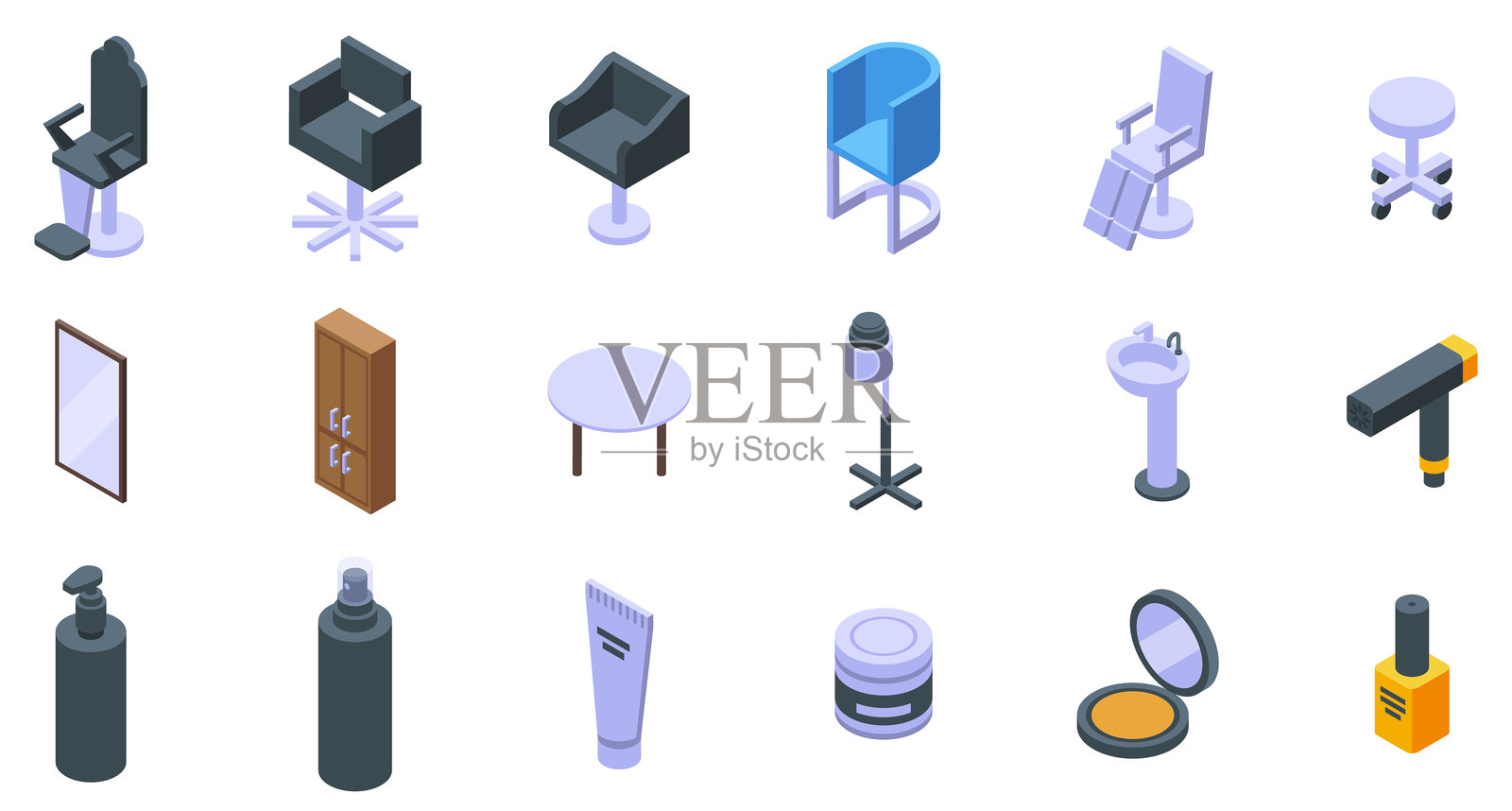 美容院室内图标集等距矢量图。理发店家具。插画图片素材