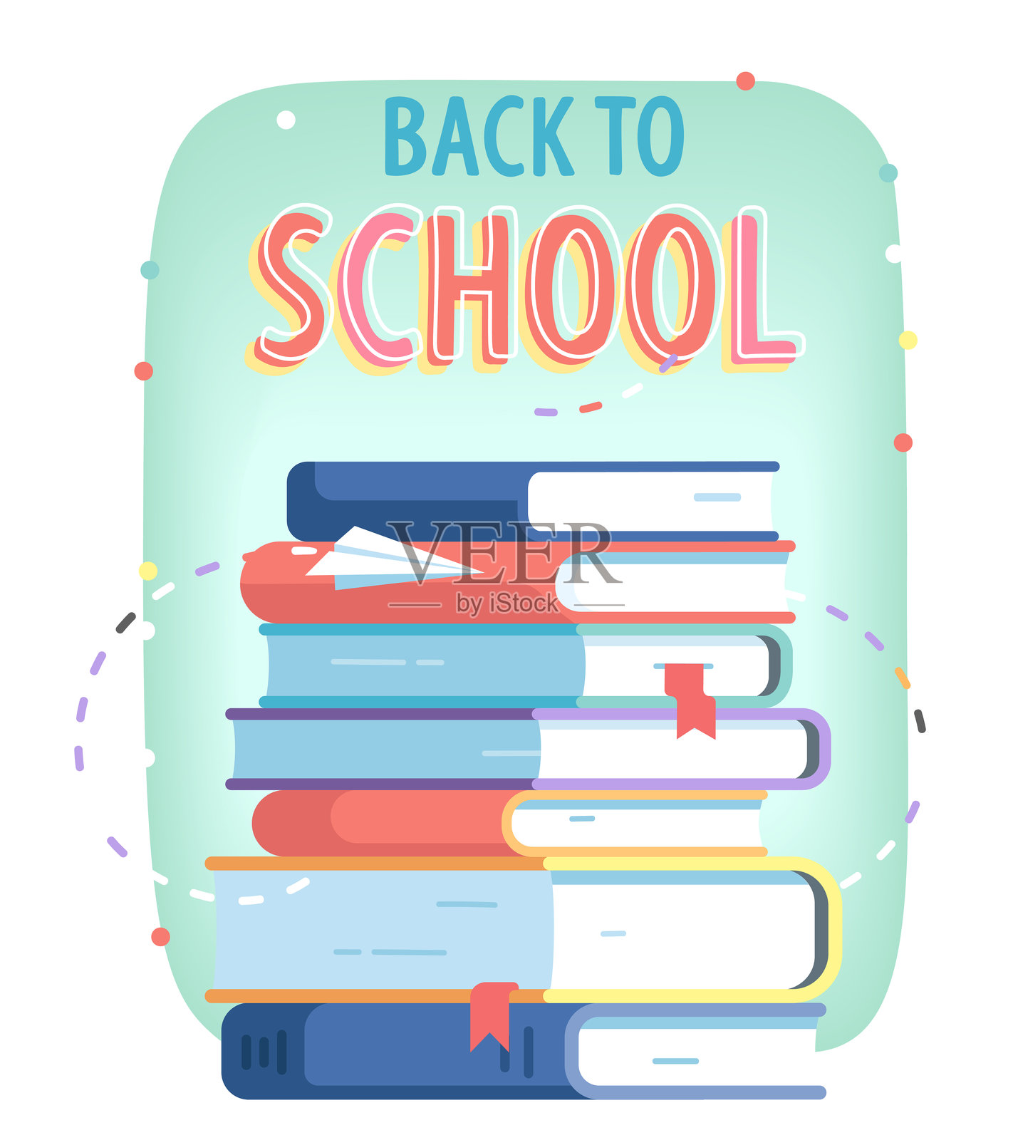 开学背景，书本堆叠。欢迎学校横幅模板，配有教科书用于教育。文学、知识学习、学习概念卡片海报扁平风格插图。插画图片素材