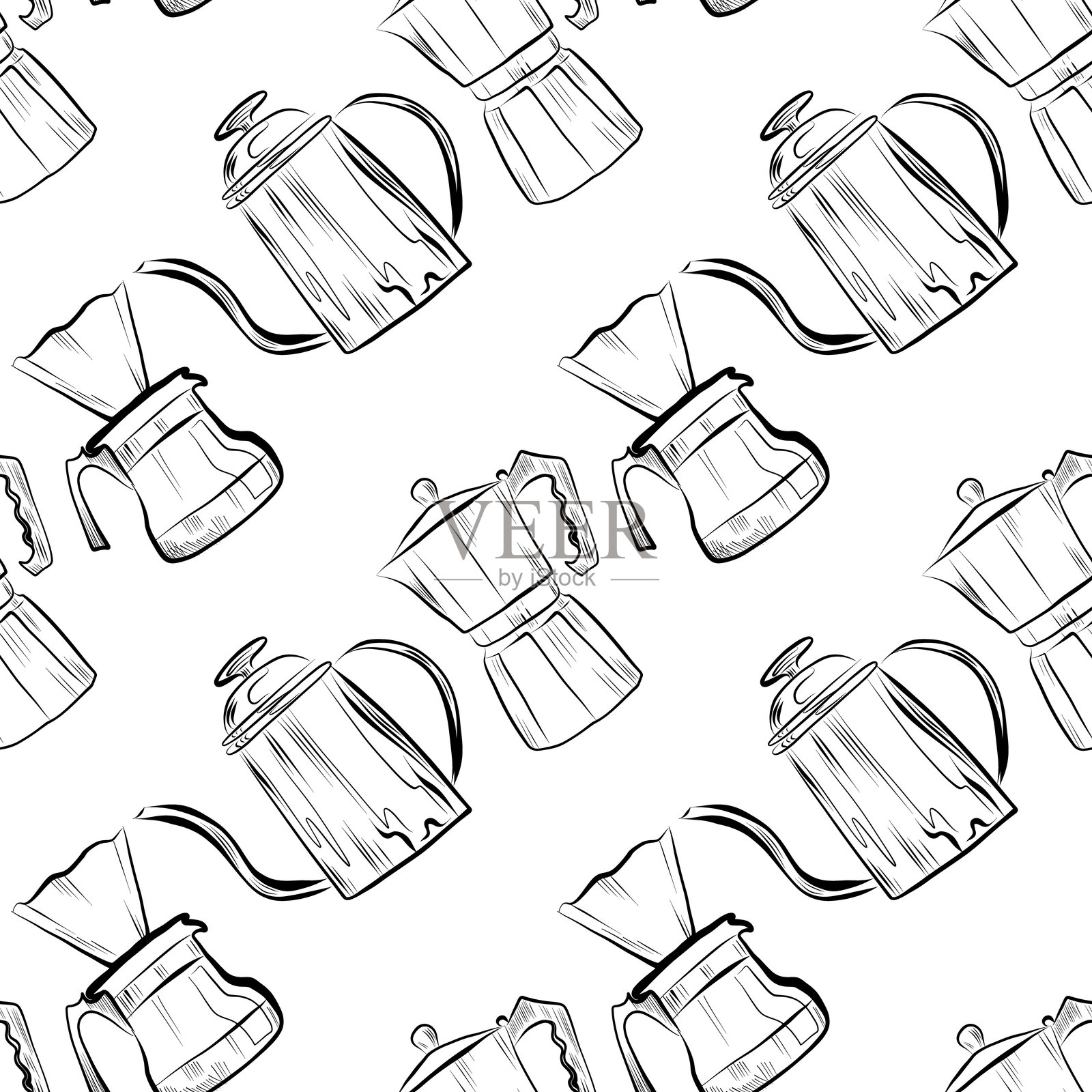 咖啡店线条艺术元素的无缝图案插画图片素材