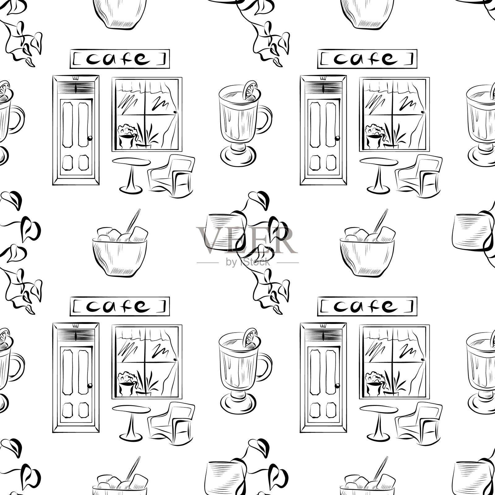 咖啡店线条艺术元素的无缝图案插画图片素材