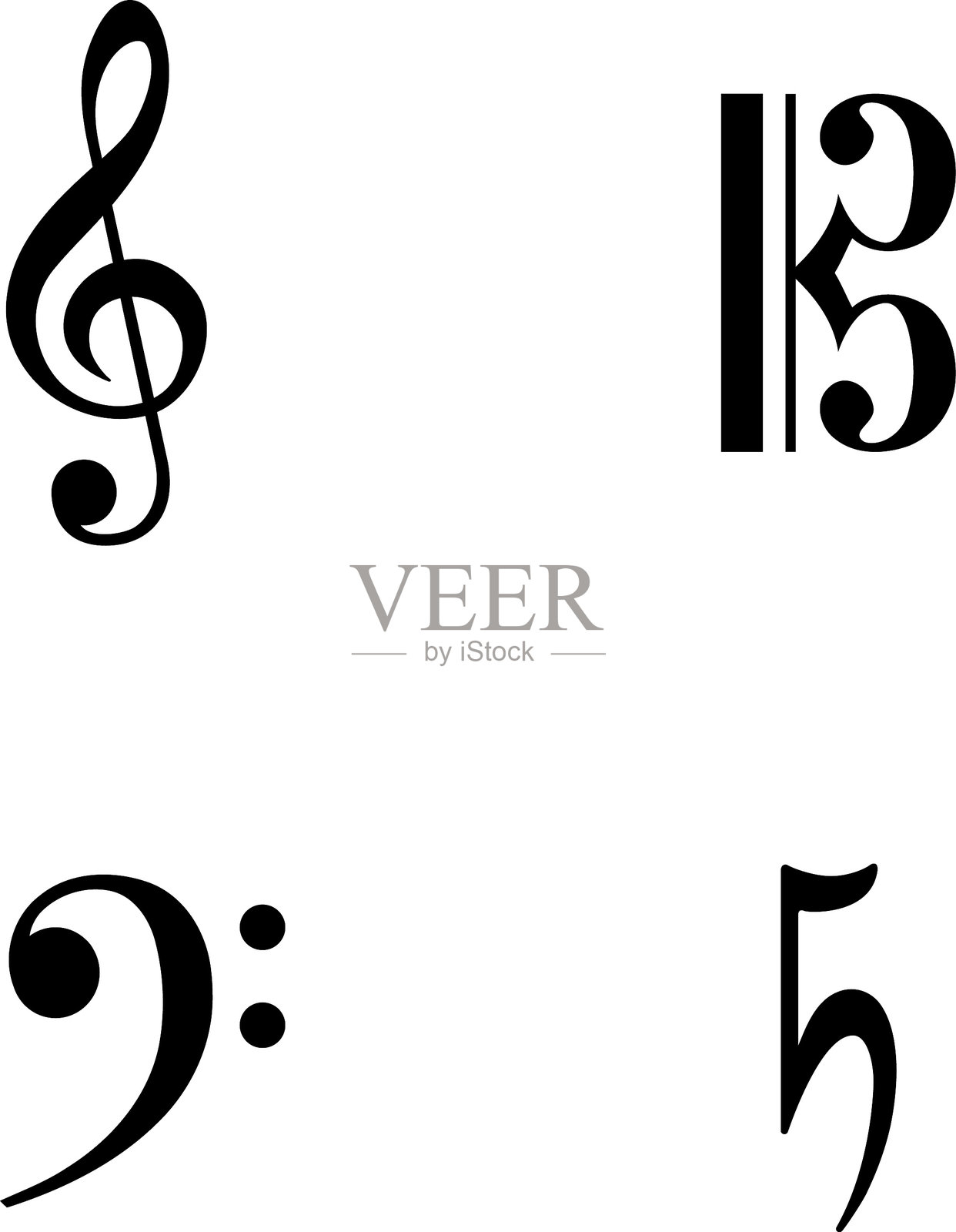 音乐符号图标矢量艺术。乐谱上的音符、谱号、低音谱号、音阶、休止符和其他标记。白色背景上的矢量插图。插画图片素材