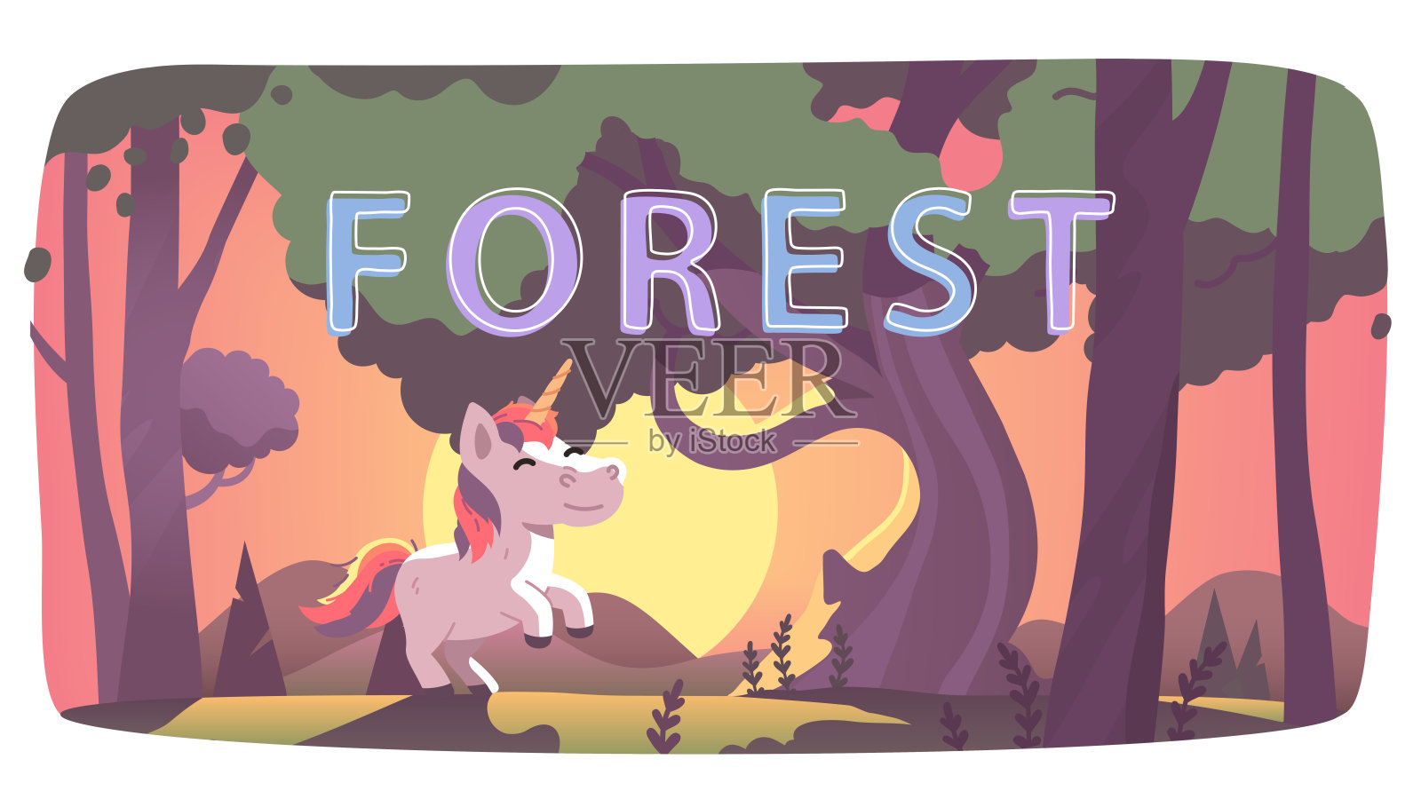 森林自然中的日落独角兽，周围有树木。可爱的幻想动物在夏季草地上漫步。美丽的公园风景，幻想的林地荒野概念平面插图。插画图片素材