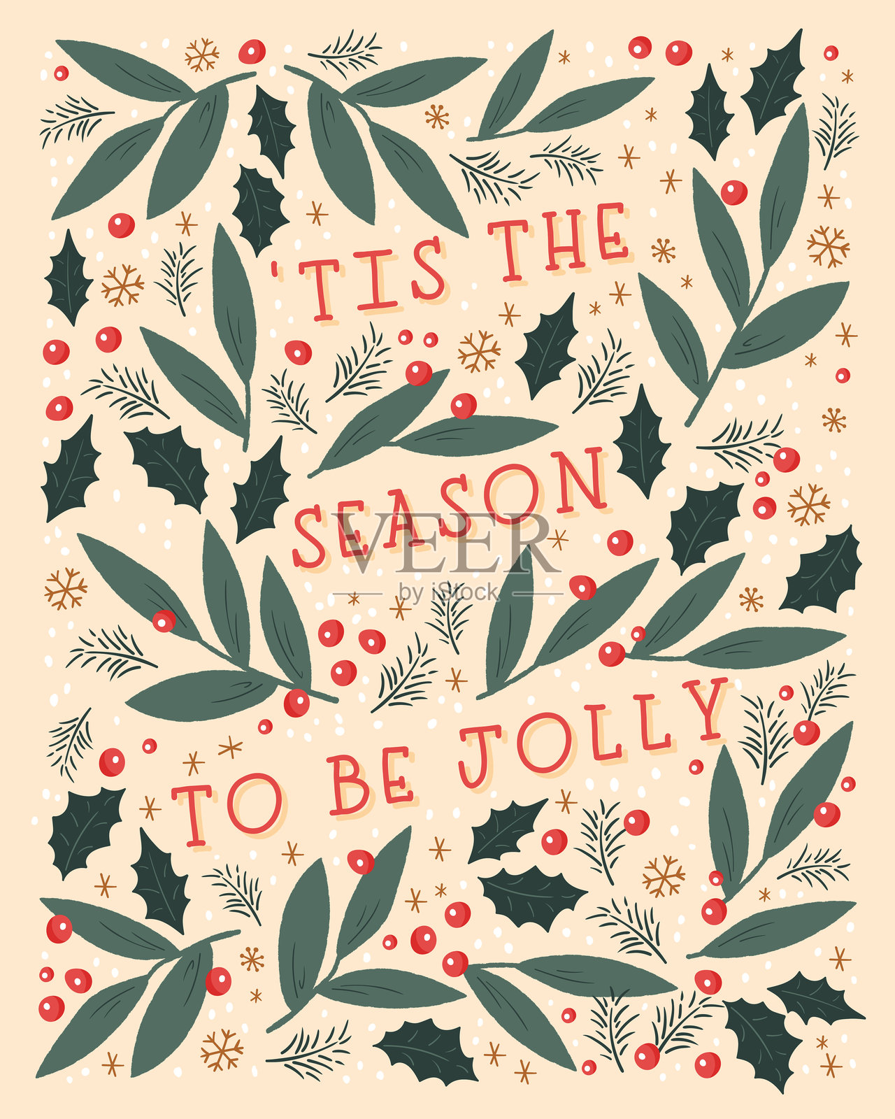 优雅的手绘圣诞设计，带有文字和装饰，适合邀请函、贺卡、横幅、壁纸的模板 - 矢量设计插画图片素材