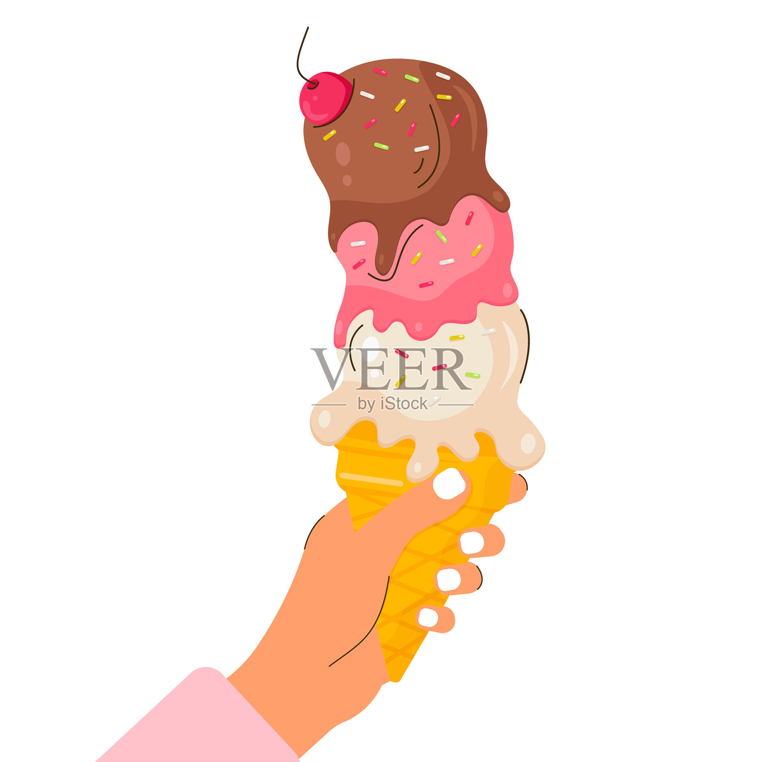 手握五彩冰淇淋的华夫筒，上面撒有糖屑和樱桃。适用于横幅、卡片、菜单和咖啡馆的食品概念。背景为白色，矢量插图。插画图片素材