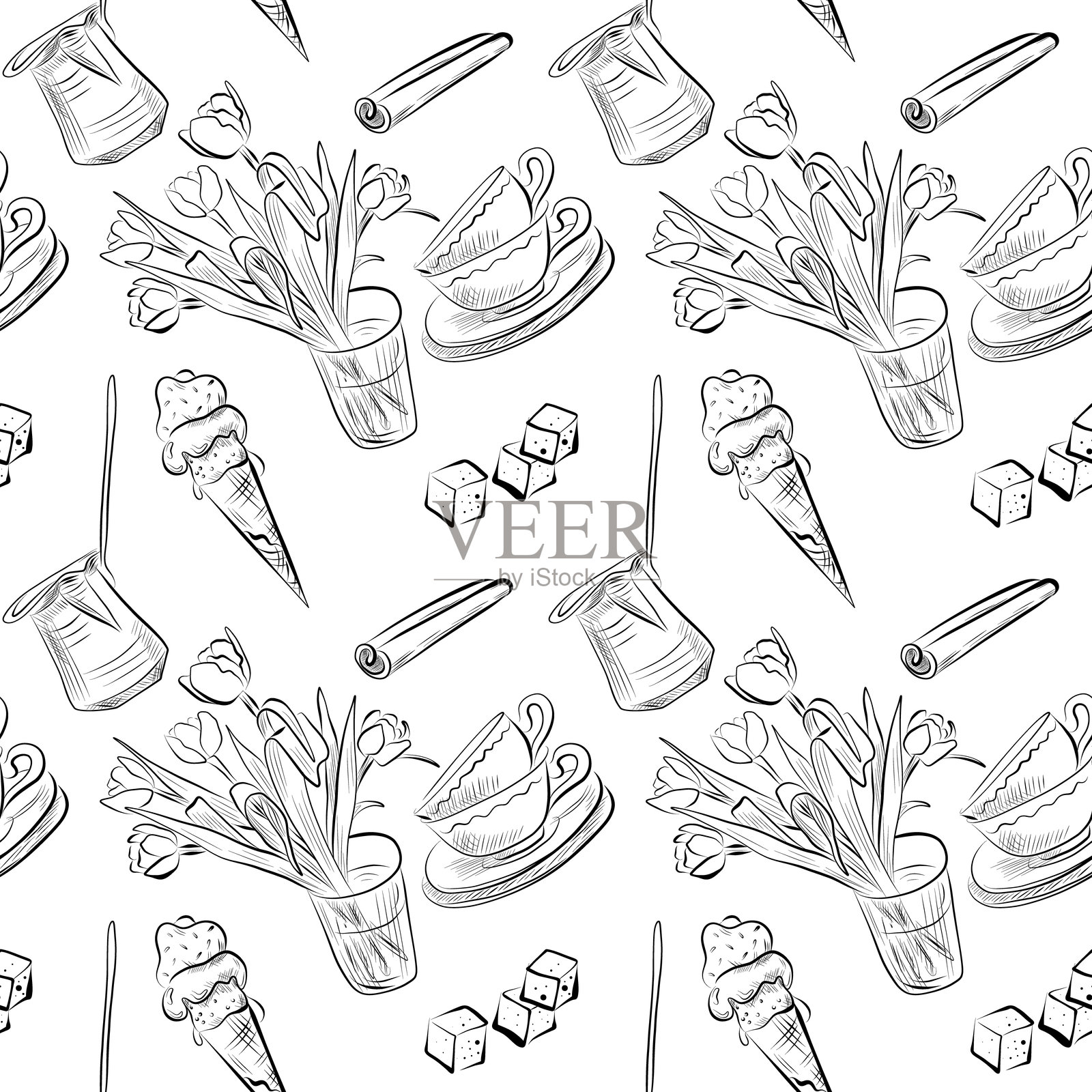 咖啡店线条艺术元素的无缝图案插画图片素材