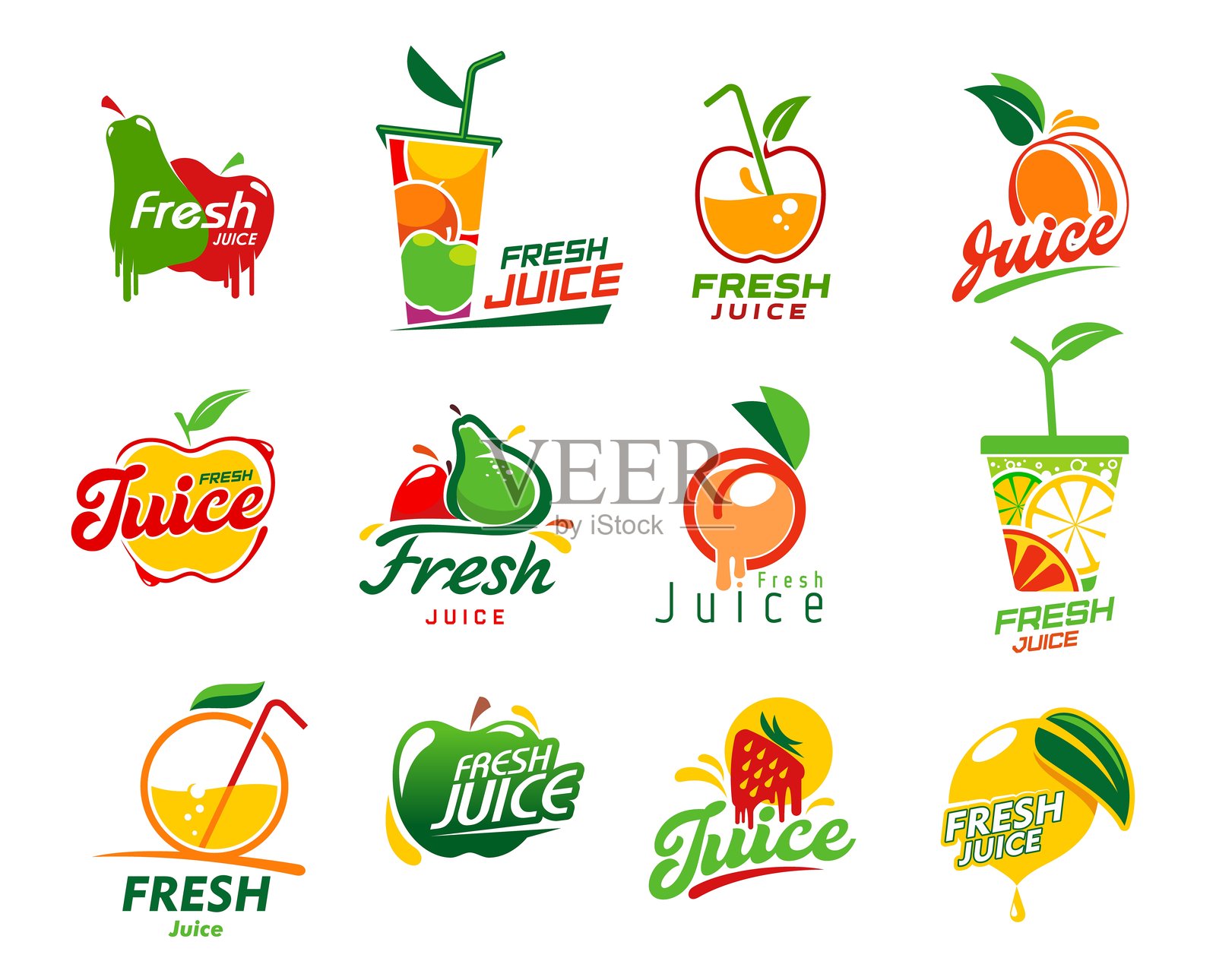新鲜果汁图标，水果饮料和冰沙标签插画图片素材