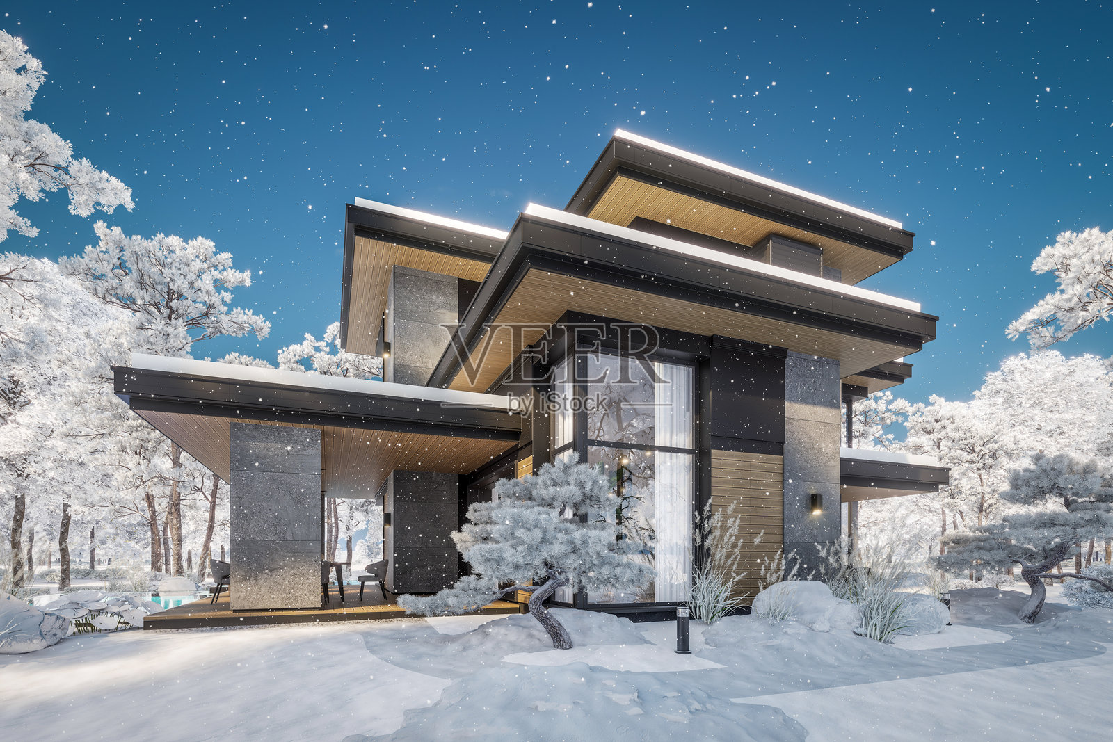 现代两层房屋的3D渲染，灰色和木质装饰，冬季白天照片摄影图片