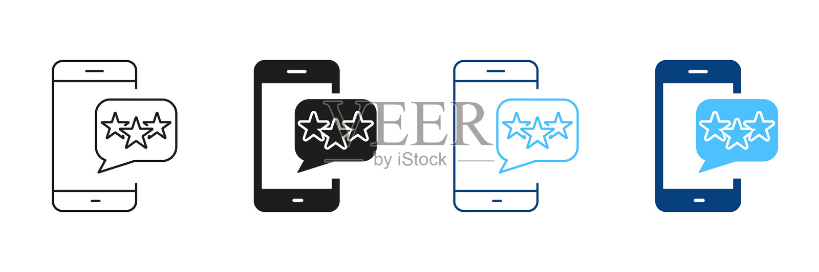 手机反馈线条和轮廓图标集。社交媒体应用评分图标。带有对话气泡符号的智能手机上的星星。可编辑的线条。孤立的矢量插图。插画图片素材