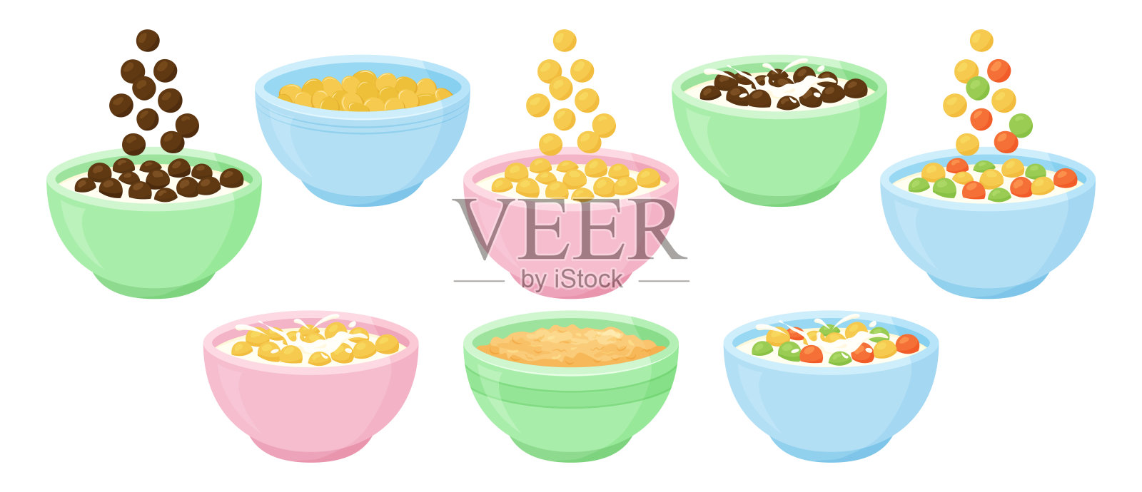 早餐谷物碗，牛奶，玉米片酸奶，儿童食品，粥和燕麦，水果和巧克力格兰诺拉麦片，麦片，健康饮食。甜美的矢量插图插画图片素材