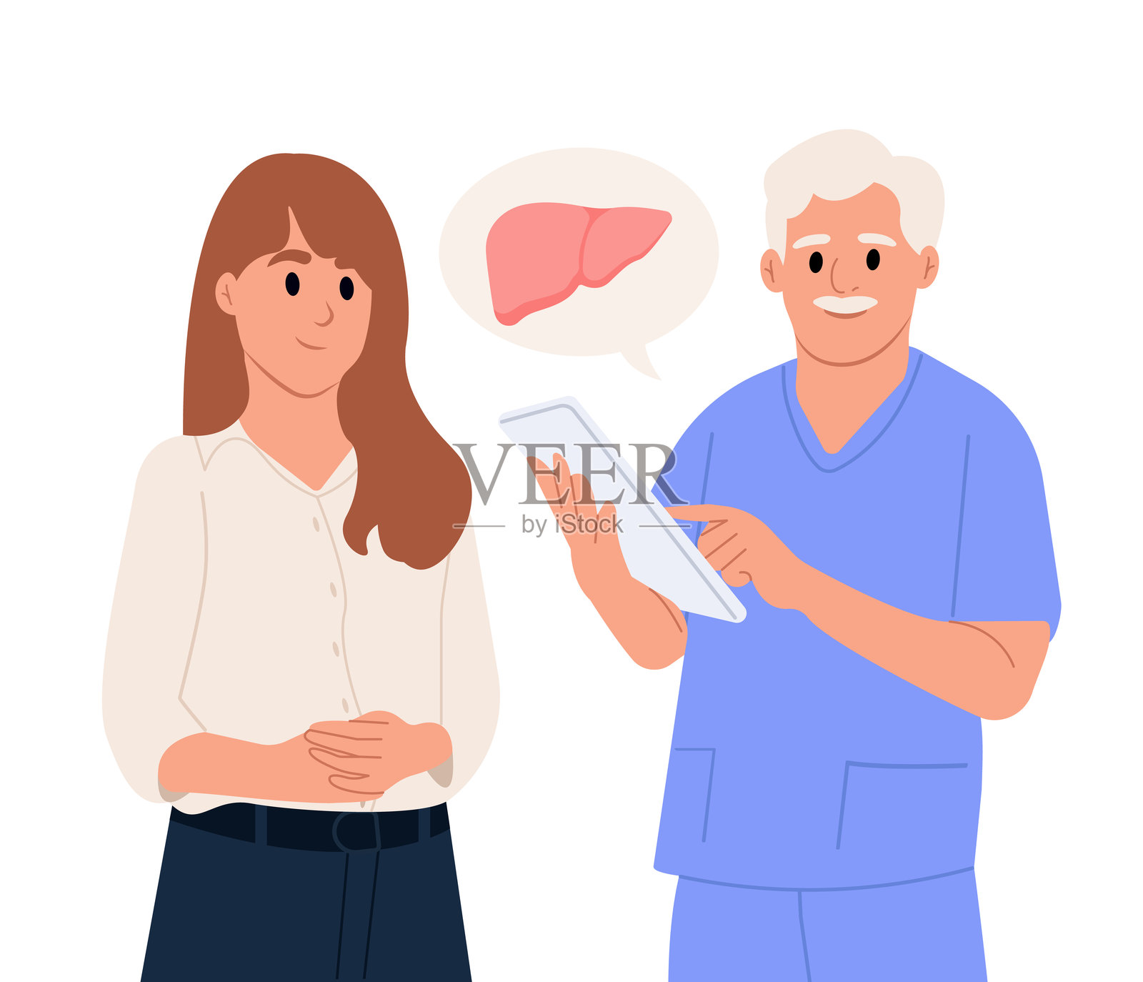 肝病的诊断与治疗。医生与患者讨论肝炎。七月是肝炎意识月。胃肠病专家的咨询。扁平风格的矢量插图。插画图片素材