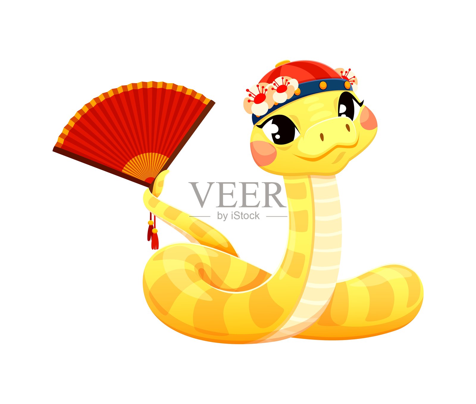 可爱的卡通黄色蛇戴着传统帽子插画图片素材