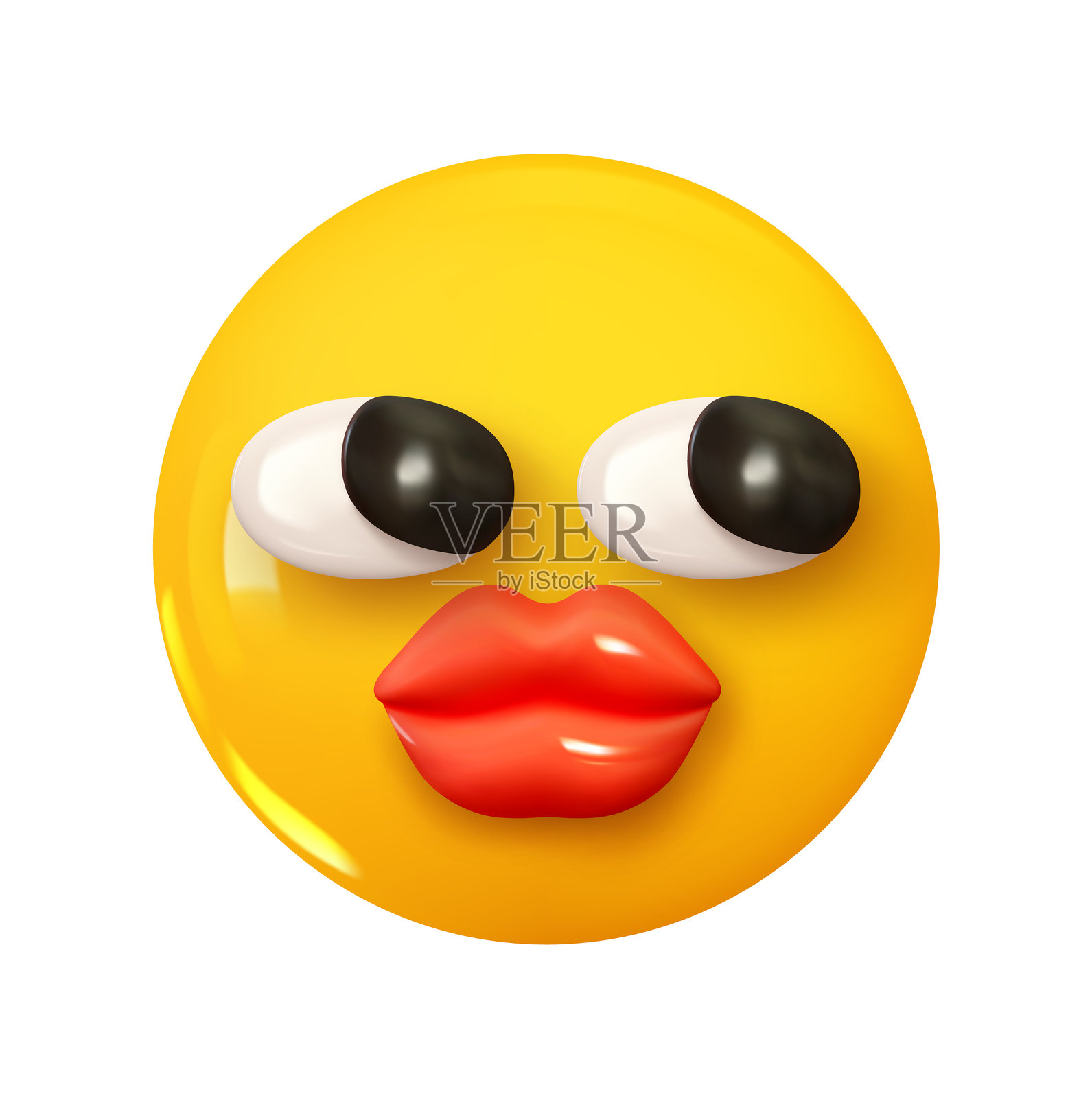 穿着大红毛皮外套的表情符号。3D卡通图标。黄色圆形表情符号。矢量插图。插画图片素材