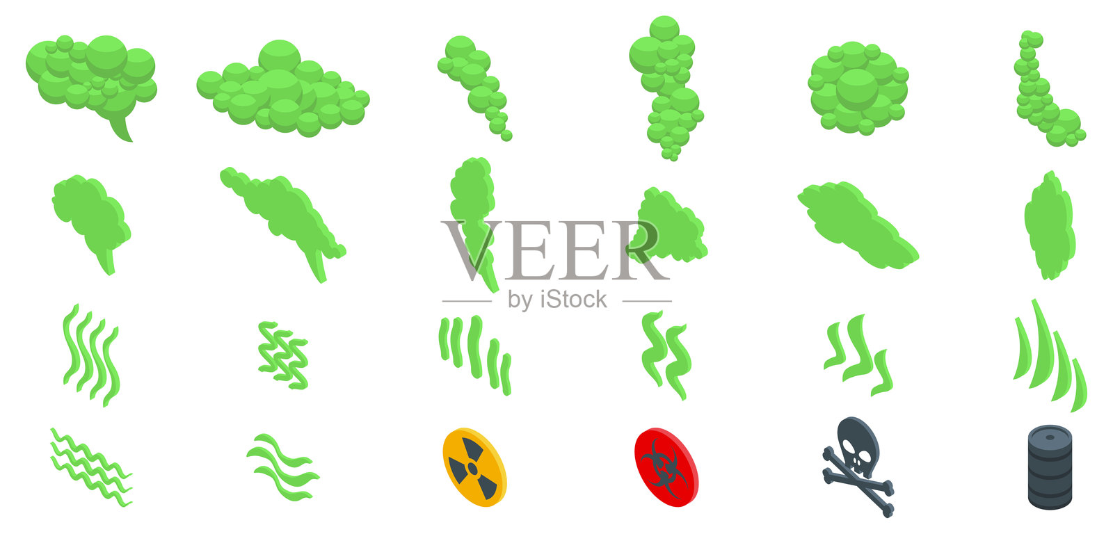 有毒烟雾云图标集等距向量。绿色毒气。插画图片素材