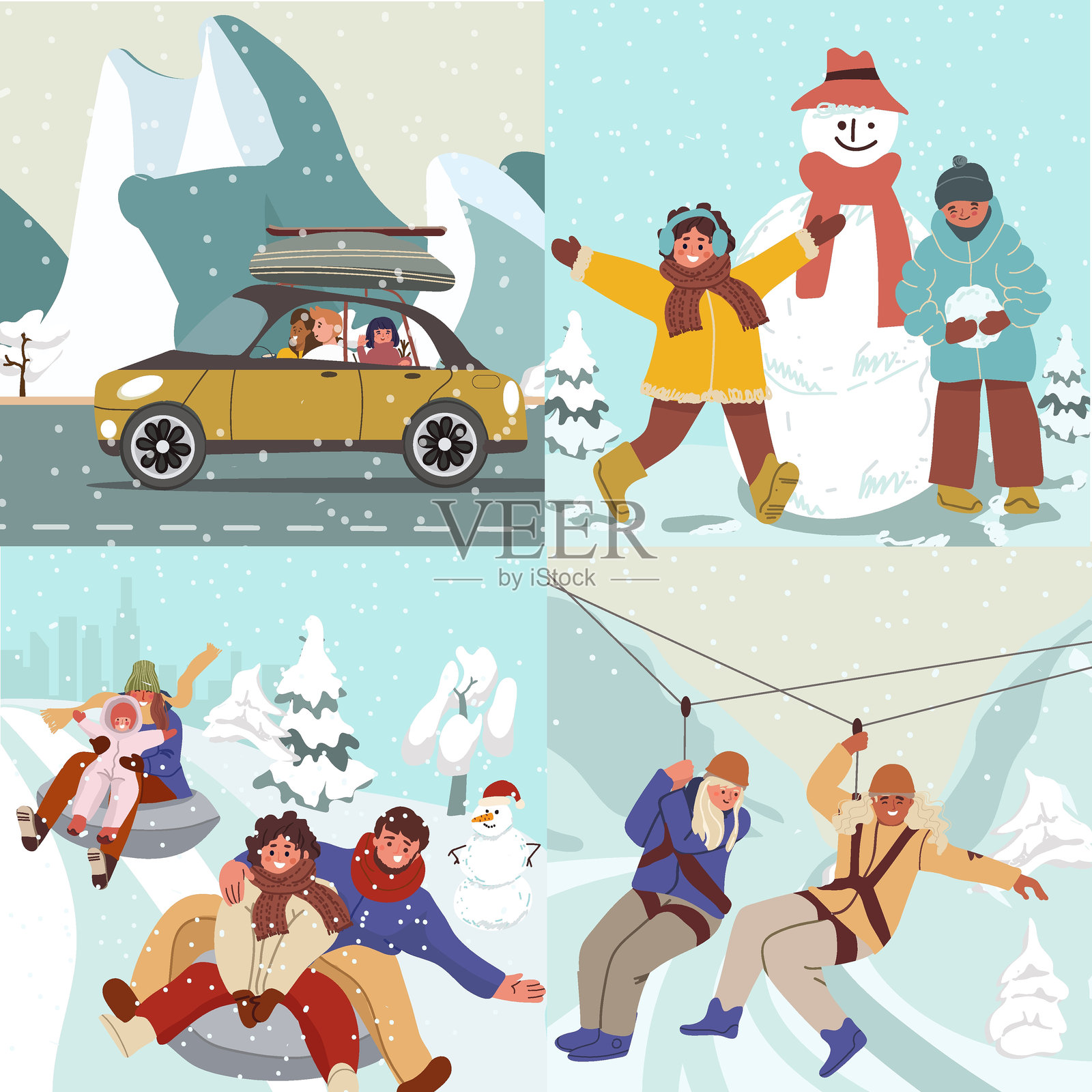 冬季插图集，家庭休闲活动，汽车旅行，滑雪圈，堆雪人，滑索，冬季风景，假期，节日气氛，手绘矢量插图。插画图片素材