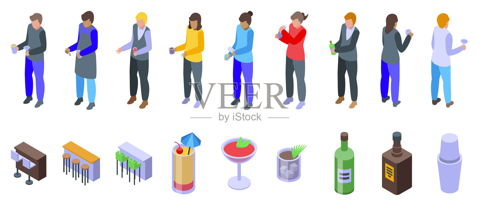 调酒师制作鸡尾酒图标集等距向量。提供饮品。插画图片素材