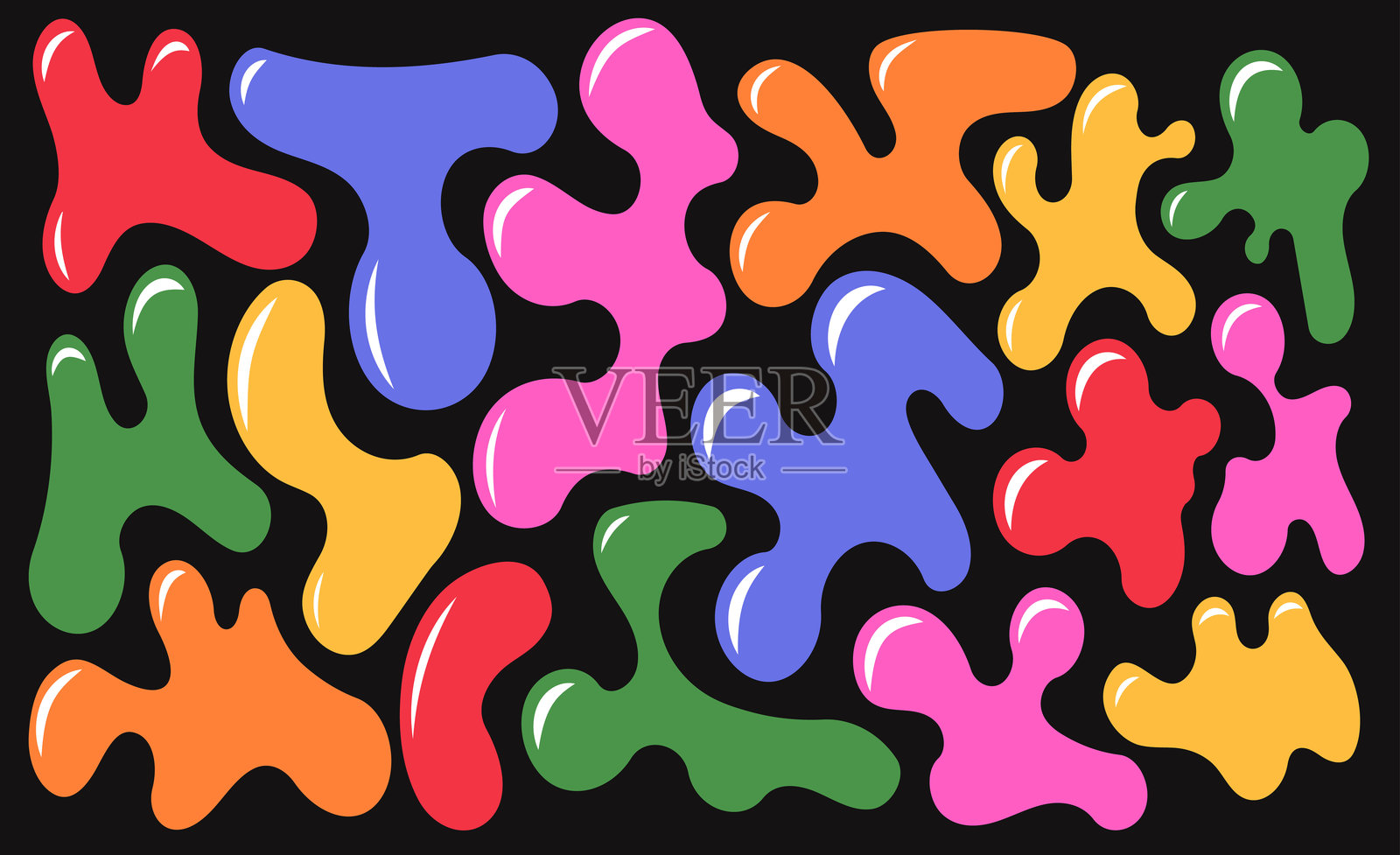 一组液态有机形状。抽象的不规则随机斑块。时尚的Y2K风格的多彩波浪气泡和水滴。矢量插图插画图片素材