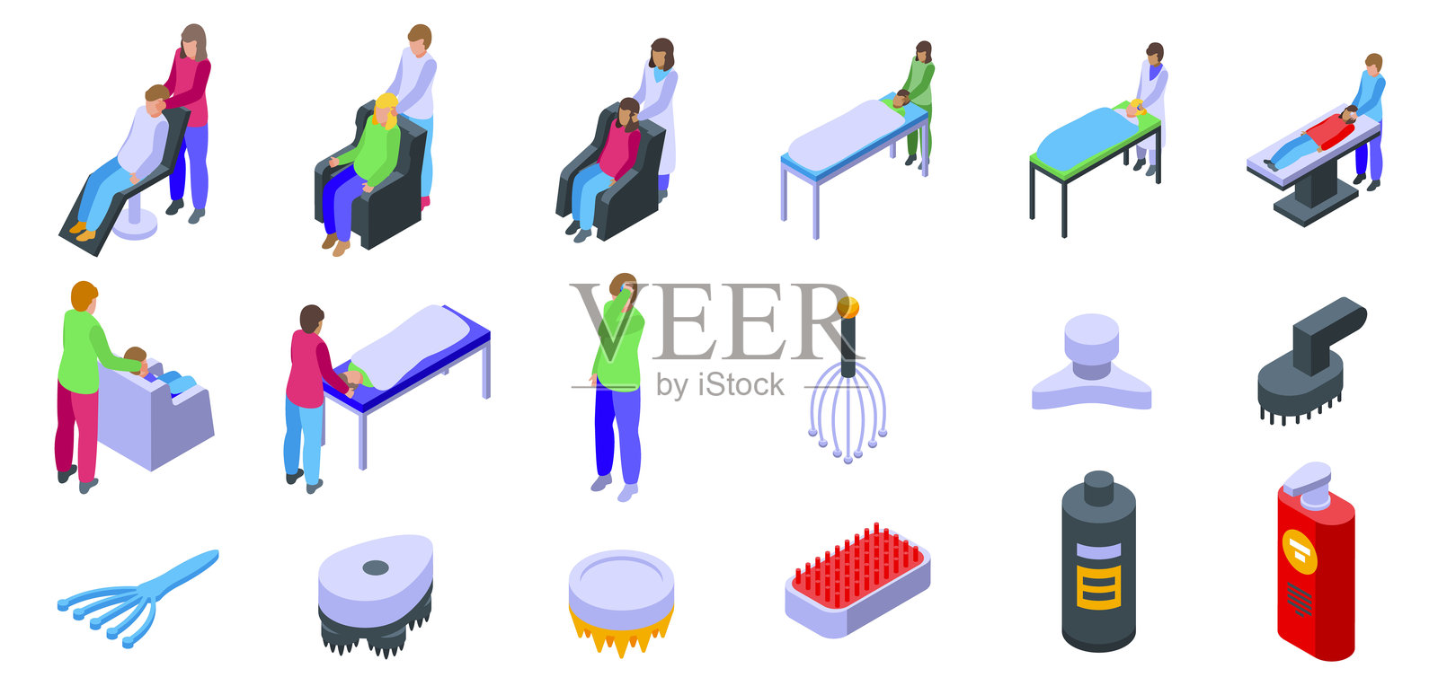 头部按摩图标集等距矢量图。水疗中心的按摩师。插画图片素材