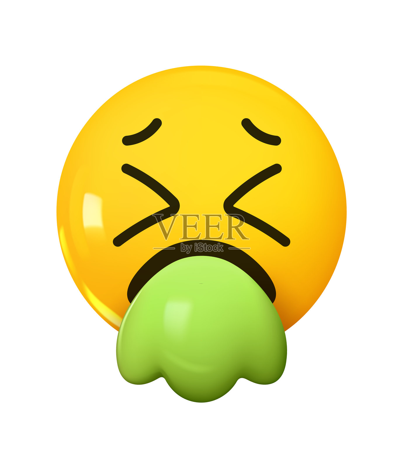 呕吐绿色液体的表情符号。3D卡通图标。黄色圆形表情符号。矢量插图。插画图片素材
