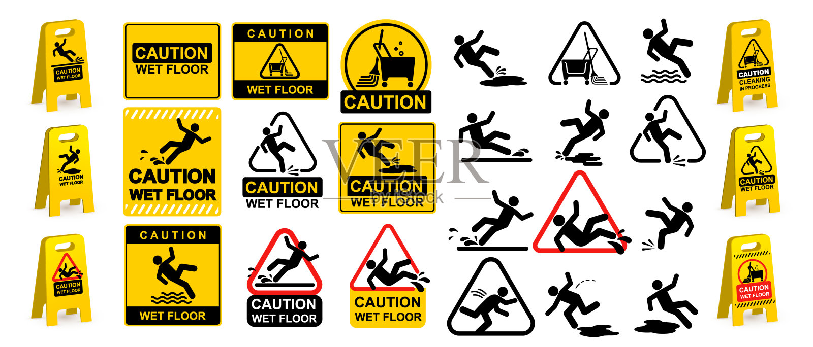 湿滑地面标志集合。清洁进行中。警告橙色标志牌的集合。湿滑地面、楼梯、小心脚下危险标志模板。清洗用的桶。矢量插图。插画图片素材