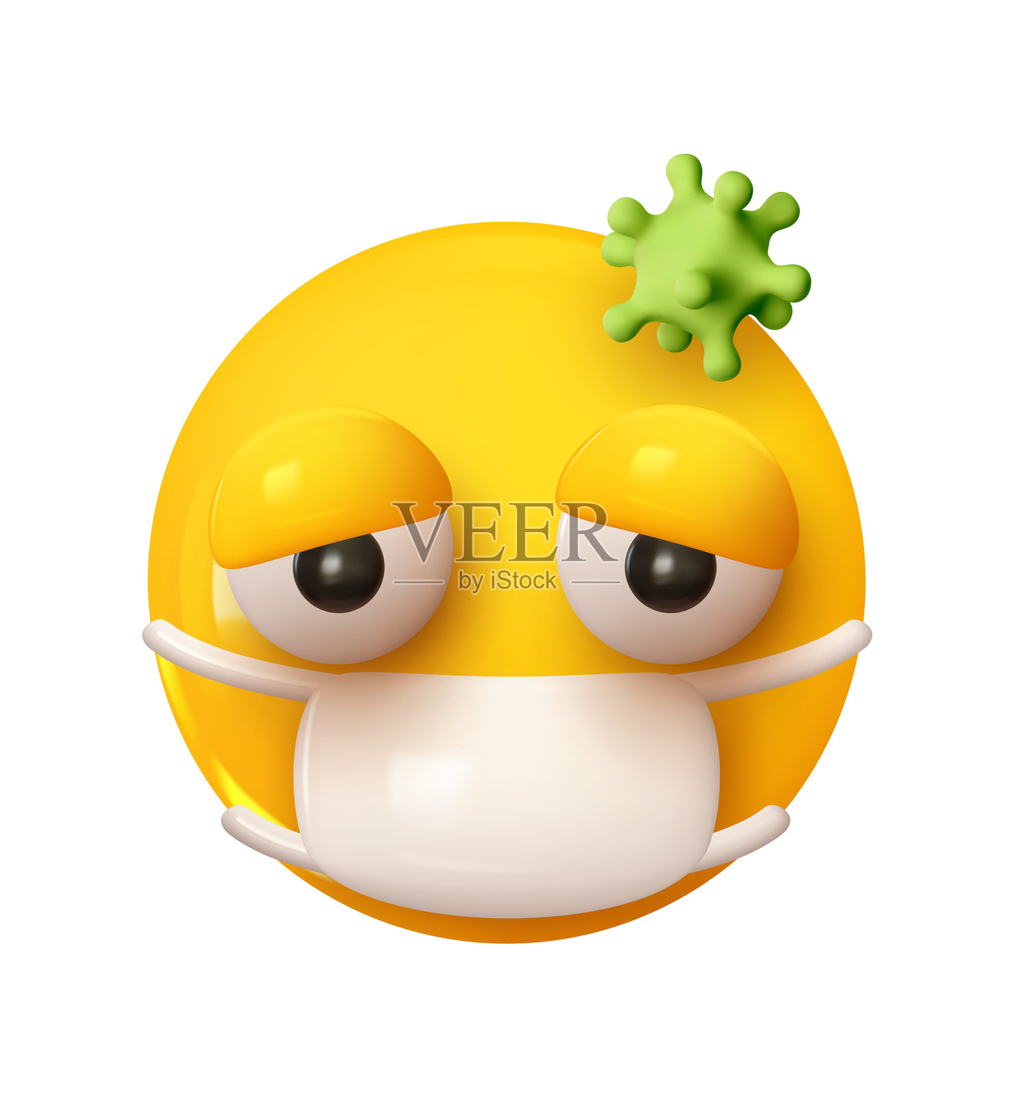 戴医用口罩的表情符号。3D卡通图标。黄色圆形表情符号。矢量插图。插画图片素材
