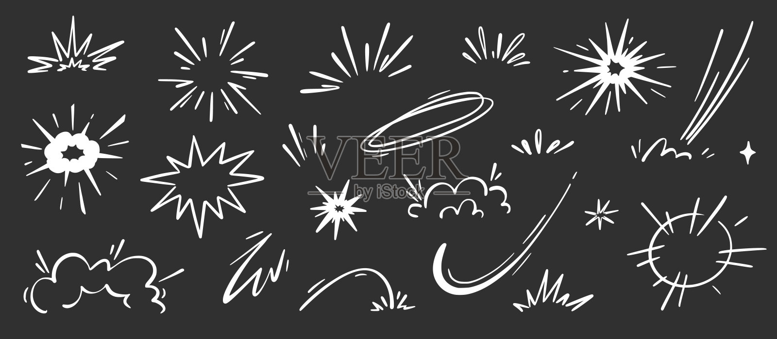 漫画卡通爆炸速度效果，爆炸运动线元素集。漫画爆炸，爆炸烟雾，线条速度卡通黑板。手绘草图涂鸦动作效果。矢量图。插画图片素材