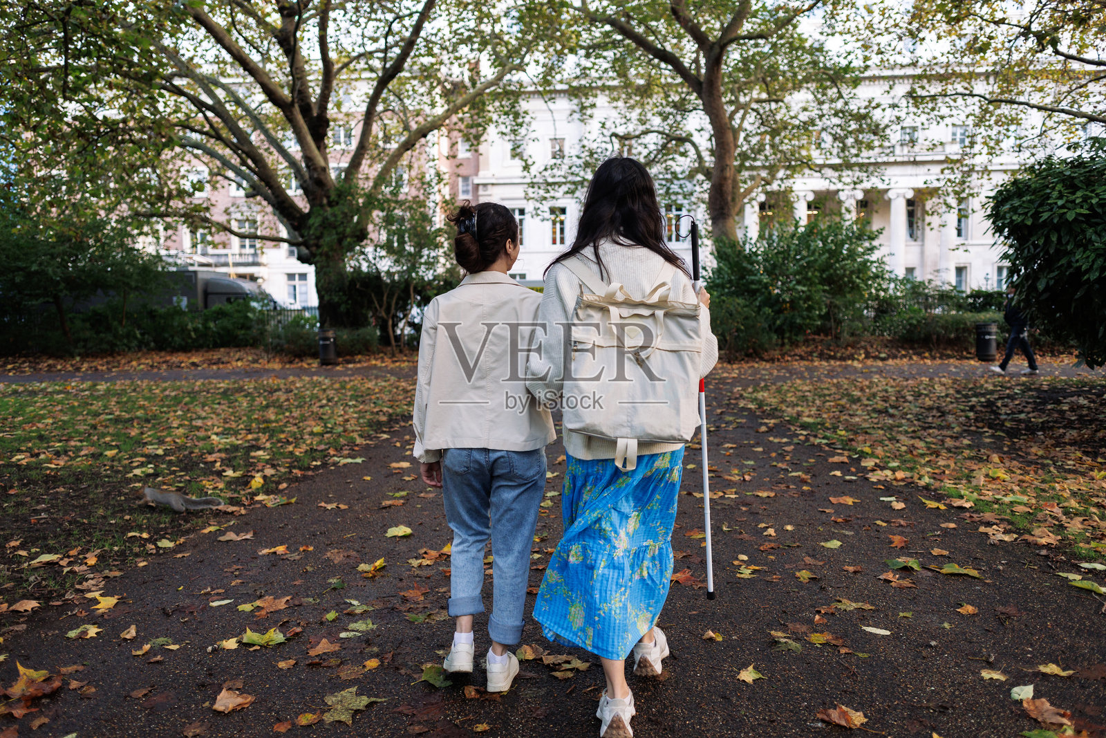 女儿在秋天的公园里帮助盲人母亲行走照片摄影图片