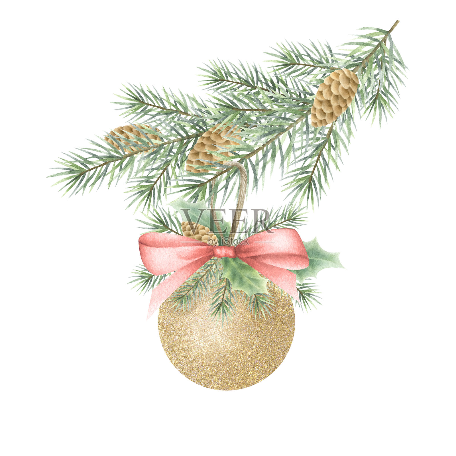 圣诞金色树球与松枝和红色蝴蝶结挂在带有松果的云杉枝上。手绘水彩孤立插图，适用于新年贺卡模板、包装和设计。照片摄影图片