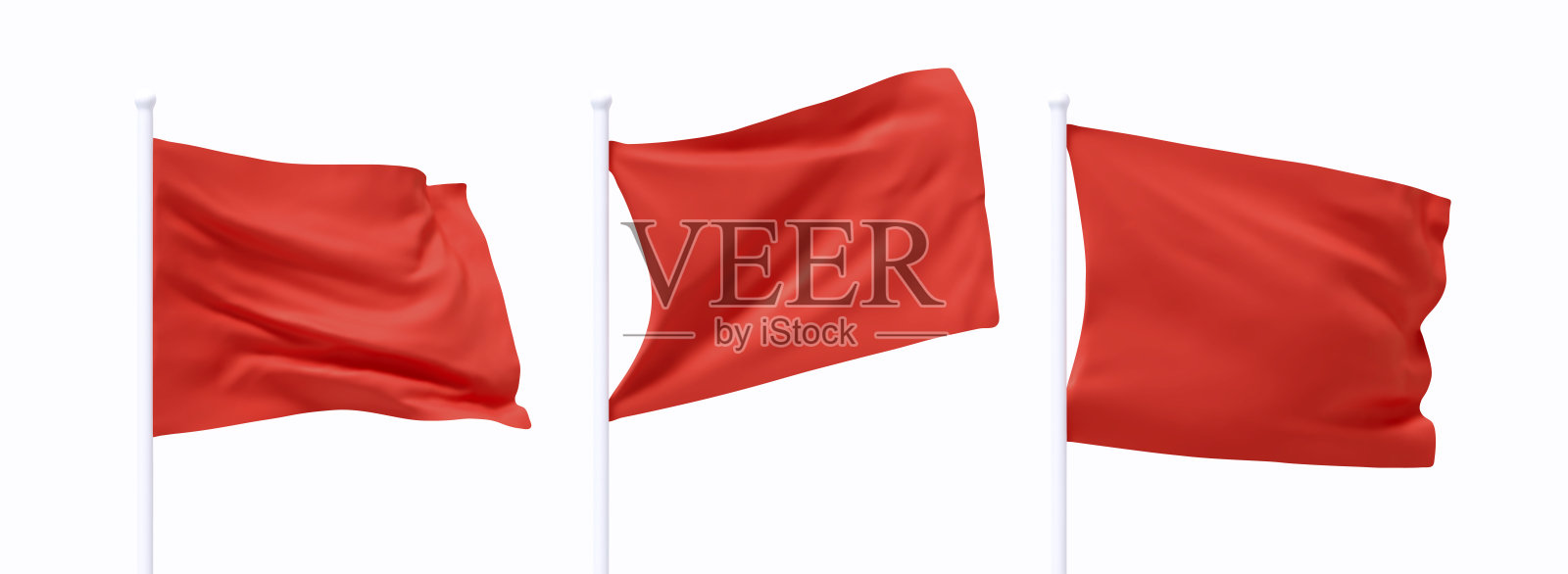 一组红色波动的旗帜在旗杆上。逼真的3D设计，旗帜在孤立的白色背景上随风飘扬。矢量插图。插画图片素材