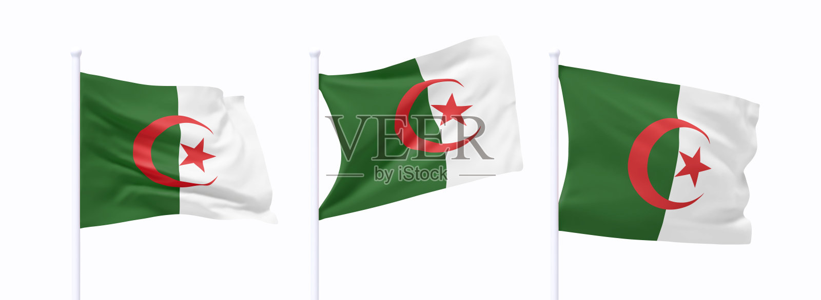 阿尔及利亚国旗在旗杆上飘扬的组合。逼真的3D设计，国旗在风中飞舞，背景为纯白色。矢量插图。插画图片素材