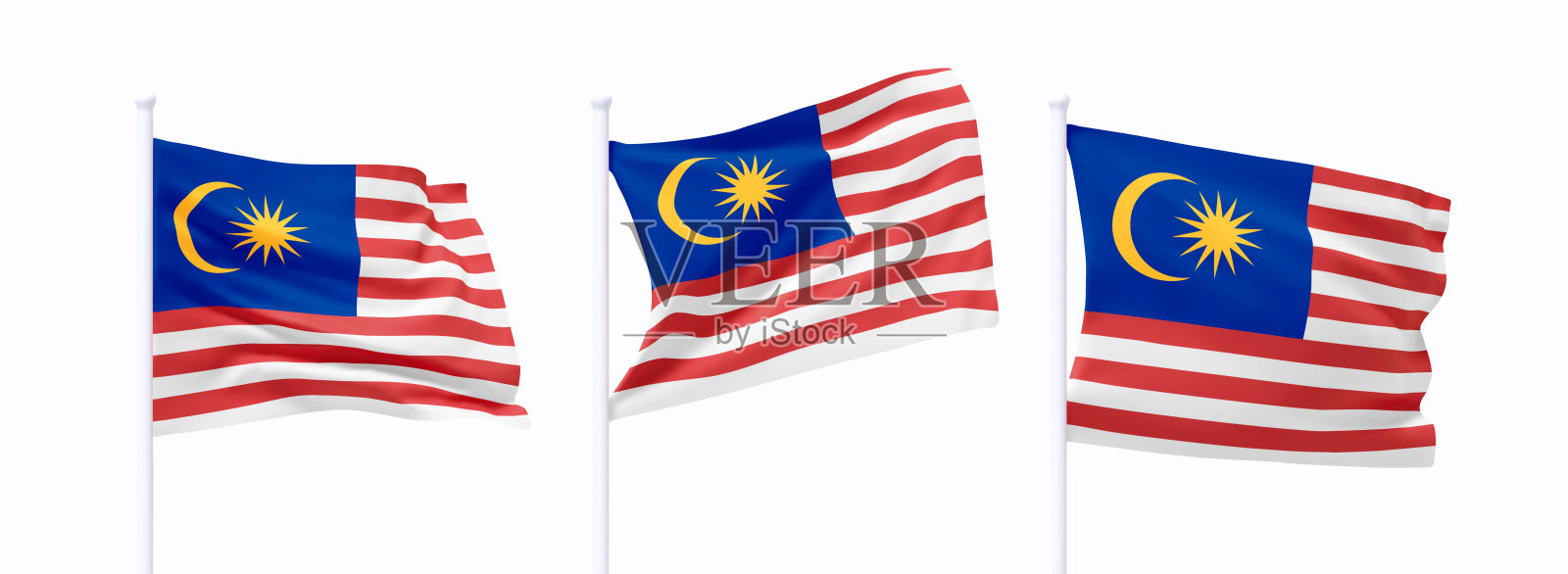 马来西亚国旗在旗杆上飘扬的组合。逼真的3D设计，国旗在风中飞舞，背景为纯白色。矢量插图。插画图片素材
