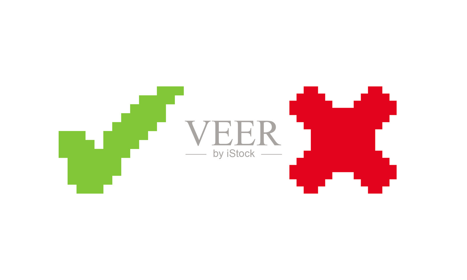 带有正确和错误圆形按钮的检查图标。绿色勾和红色叉图标的像素艺术风格按钮。勾选标志图标。独立的矢量插图。插画图片素材