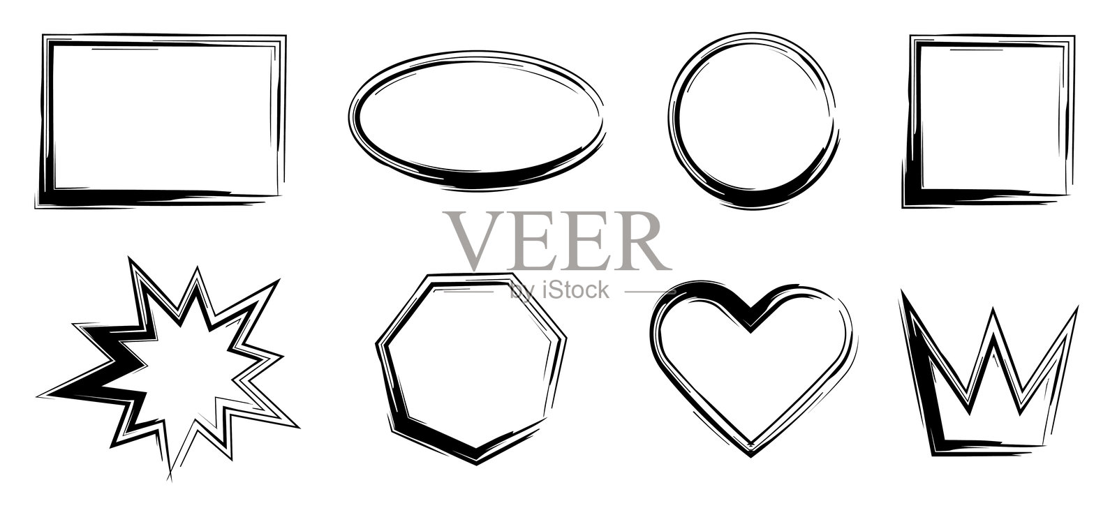 用粗笔画成的方形、圆形、星形和心形框架。矩形和王冠轮廓采用复古风格。插画图片素材