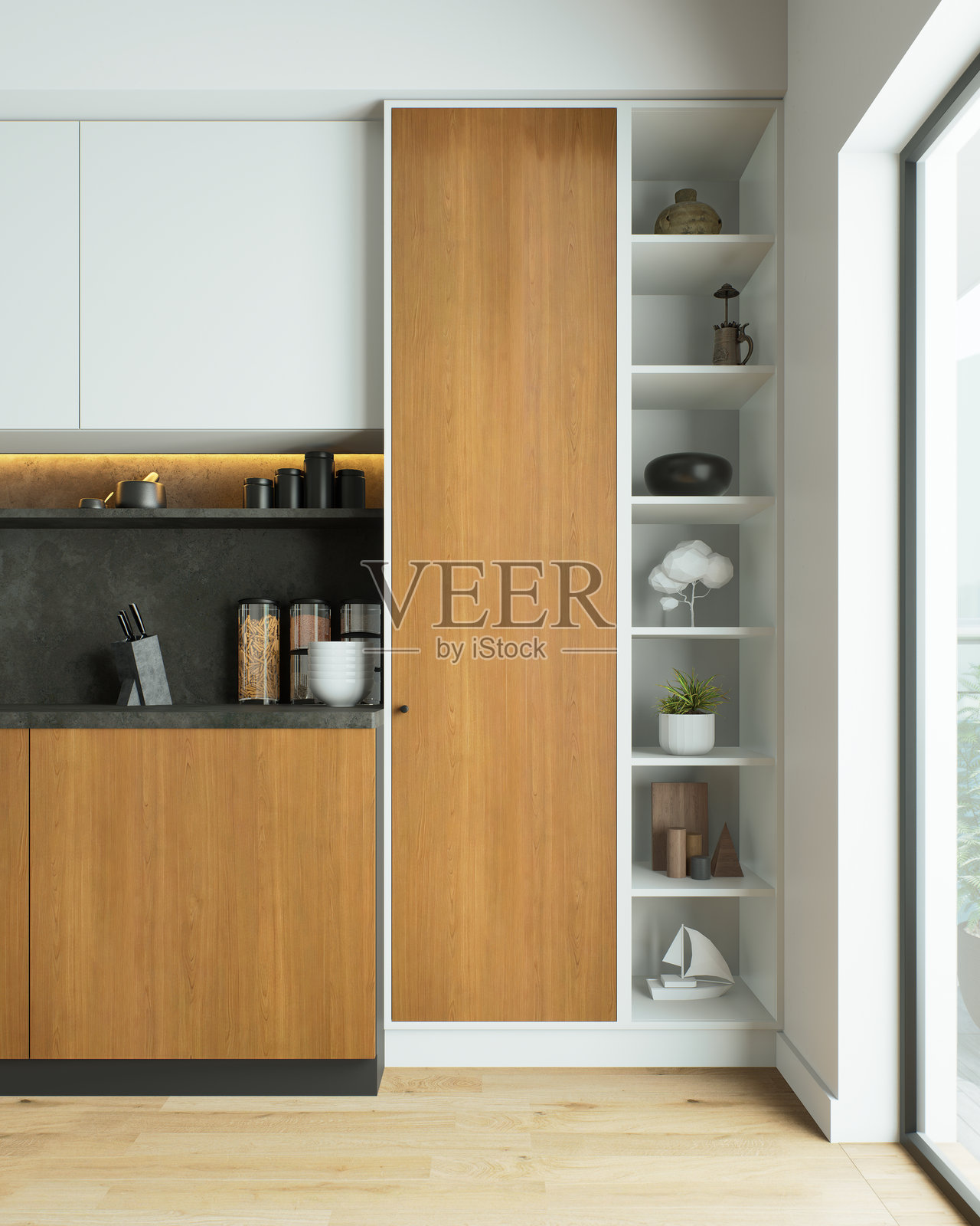 现代厨房配有时尚的木质装饰和开放式架子，营造出独特而温馨的氛围照片摄影图片