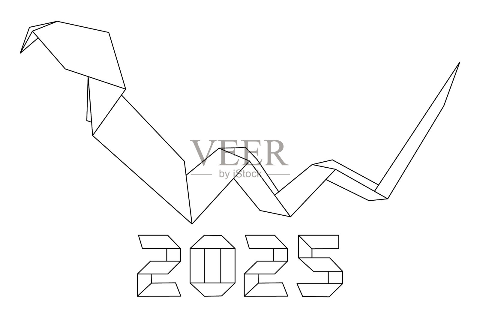 2025年新年蛇符号，中文生肖折纸，背景为白色。纸艺蛇2025。蛇象征着恶意。线条艺术风格。矢量插图。插画图片素材