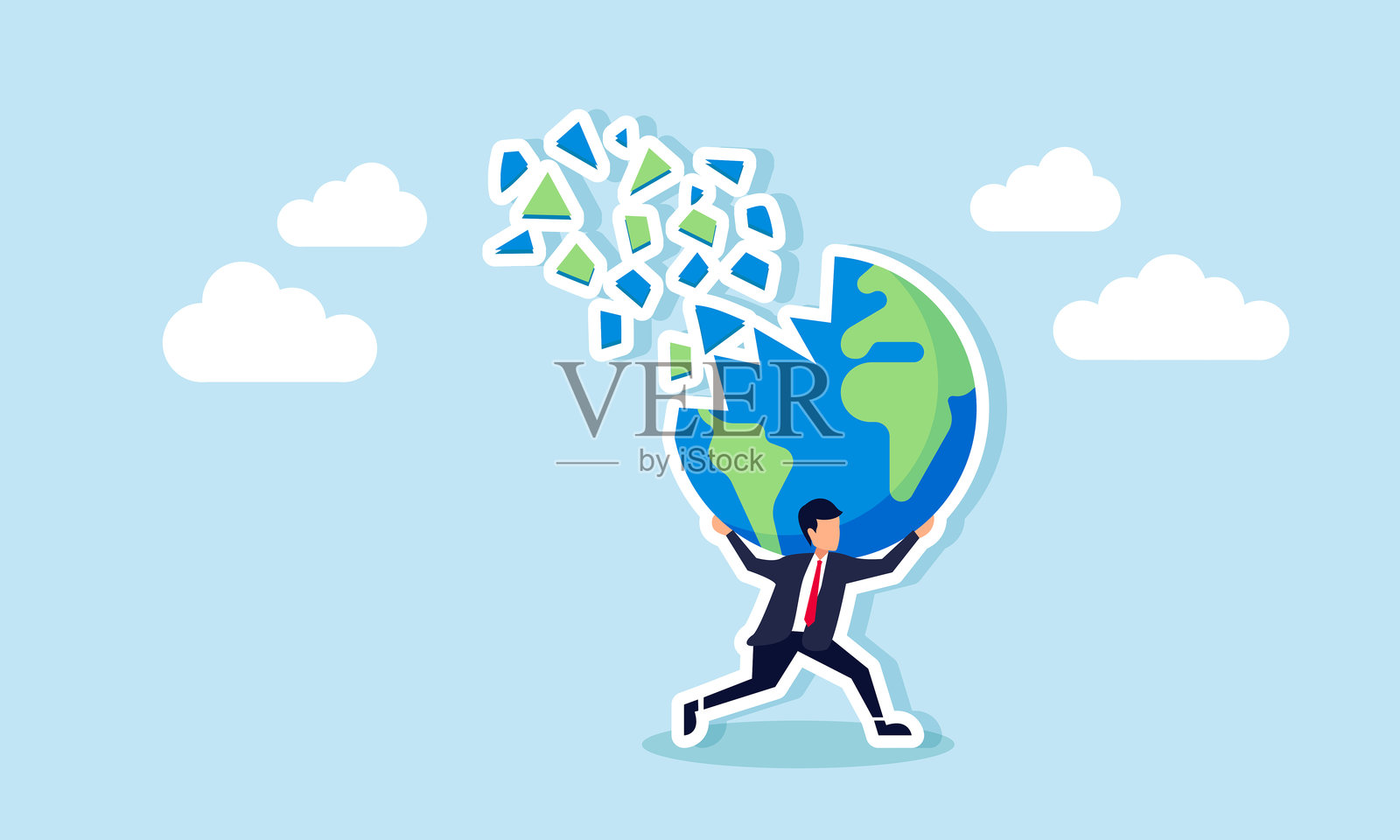 一位商人手握一个散落碎片的地球，插图展示了如何拯救地球免受破坏环境和自然的商业行为。插画图片素材