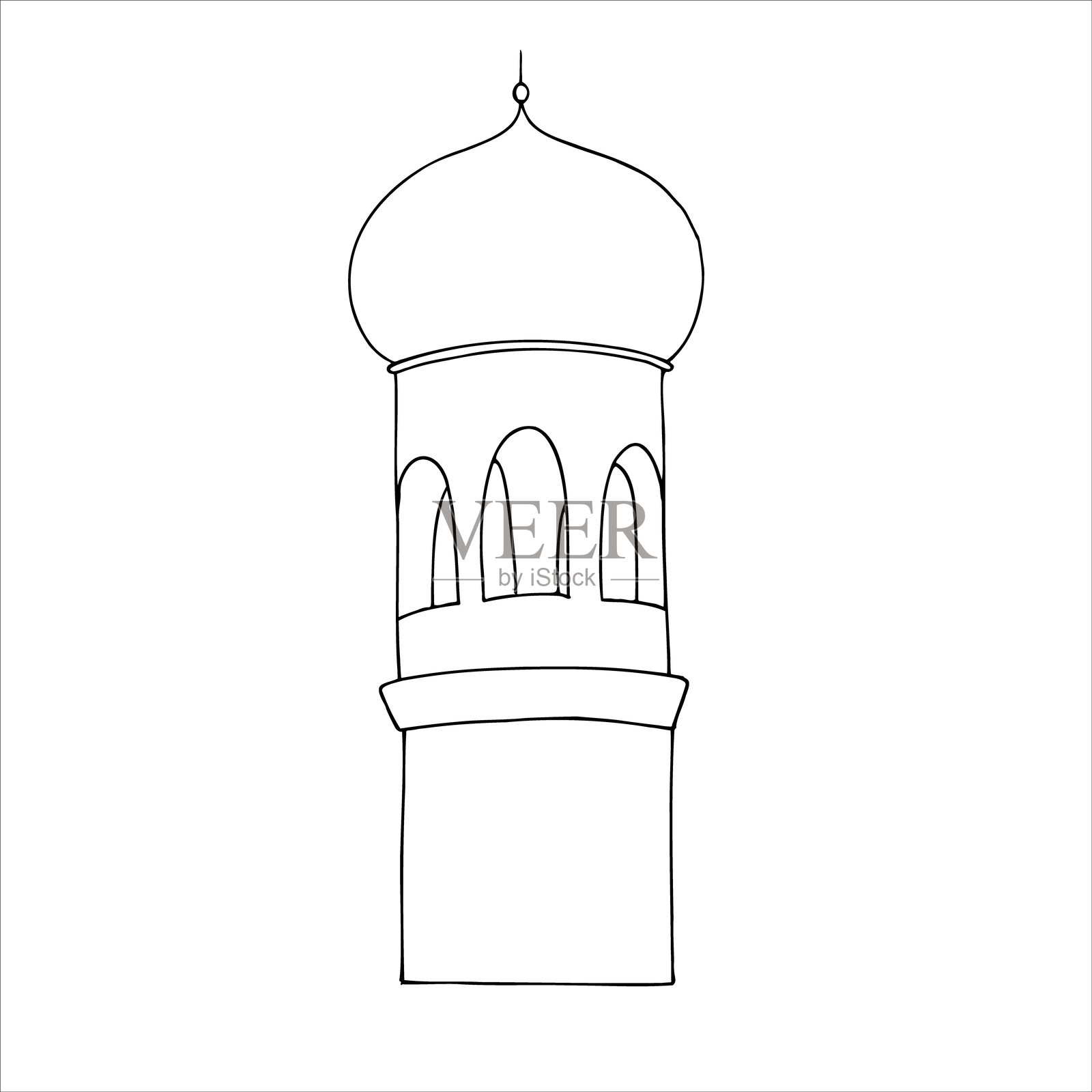 伊斯兰教尖塔矢量图。图形插图，清真寺，塔楼，背景为白色。穆斯林手绘线条草图，适用于2025年斋月或古尔邦节的节日。适合设计师、印刷品、明信片、包装纸、节日、封面、海报和纺织品。插画图片素材