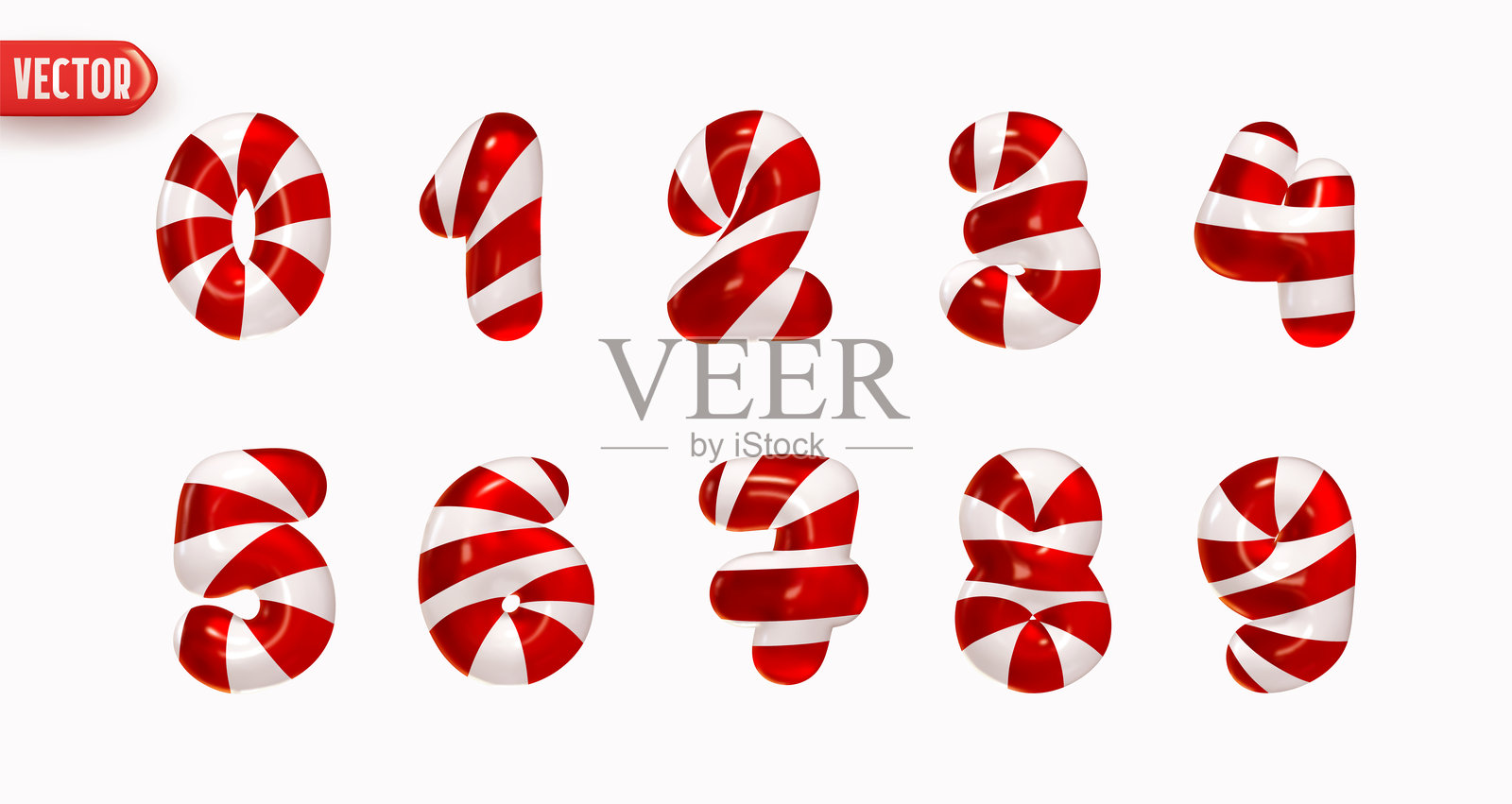 一组从0到9的数字，采用圣诞节果冻糖手杖风格，逼真的3D设计，背景为白色。圣诞数字由红色和白色条纹的糖果制成。矢量插图。插画图片素材