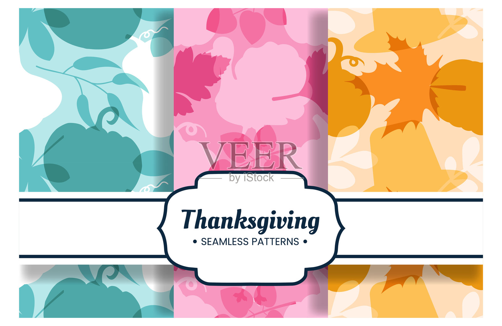 节日感恩节无缝图案模板，包含生动的平面风格卡通元素，适用于季节性设计和节日装饰插画图片素材